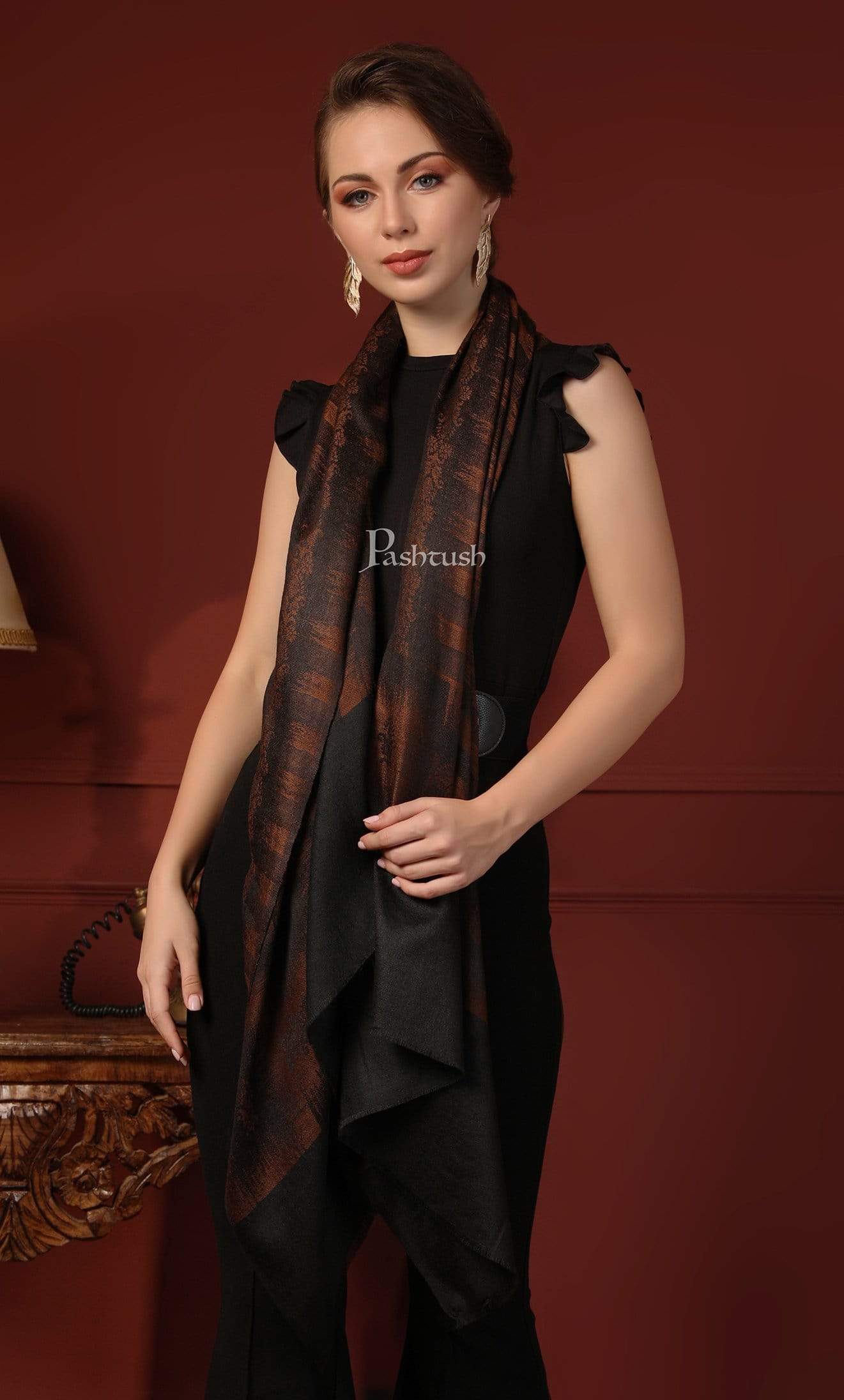 Pashtush India 70x200 Pashtush Women's Fine Wool Stole, Ikkat Design, Pacific Brown