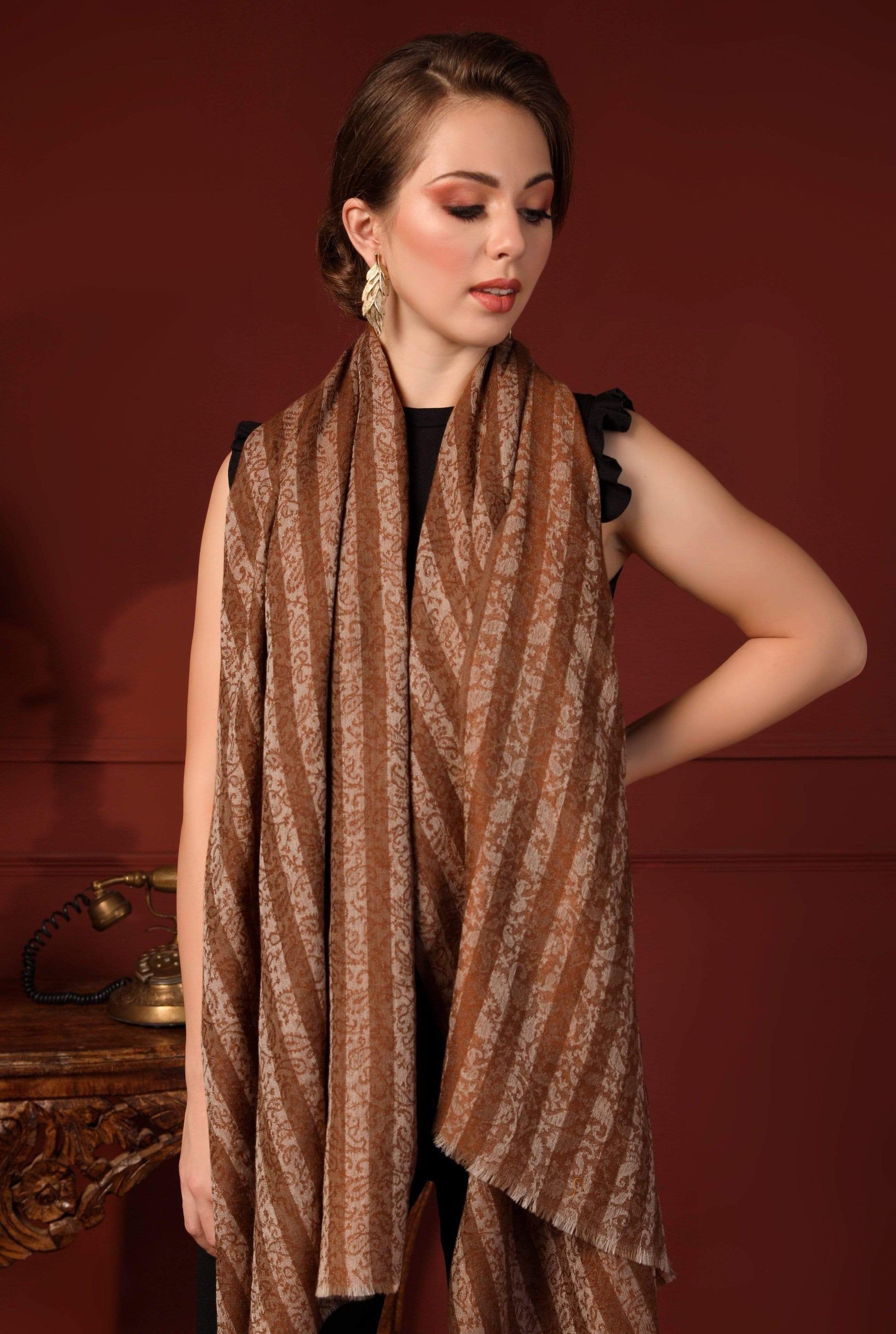 Pashtush India 70x200 Pashtush Women's Fine Wool Striped Stole, Espresso