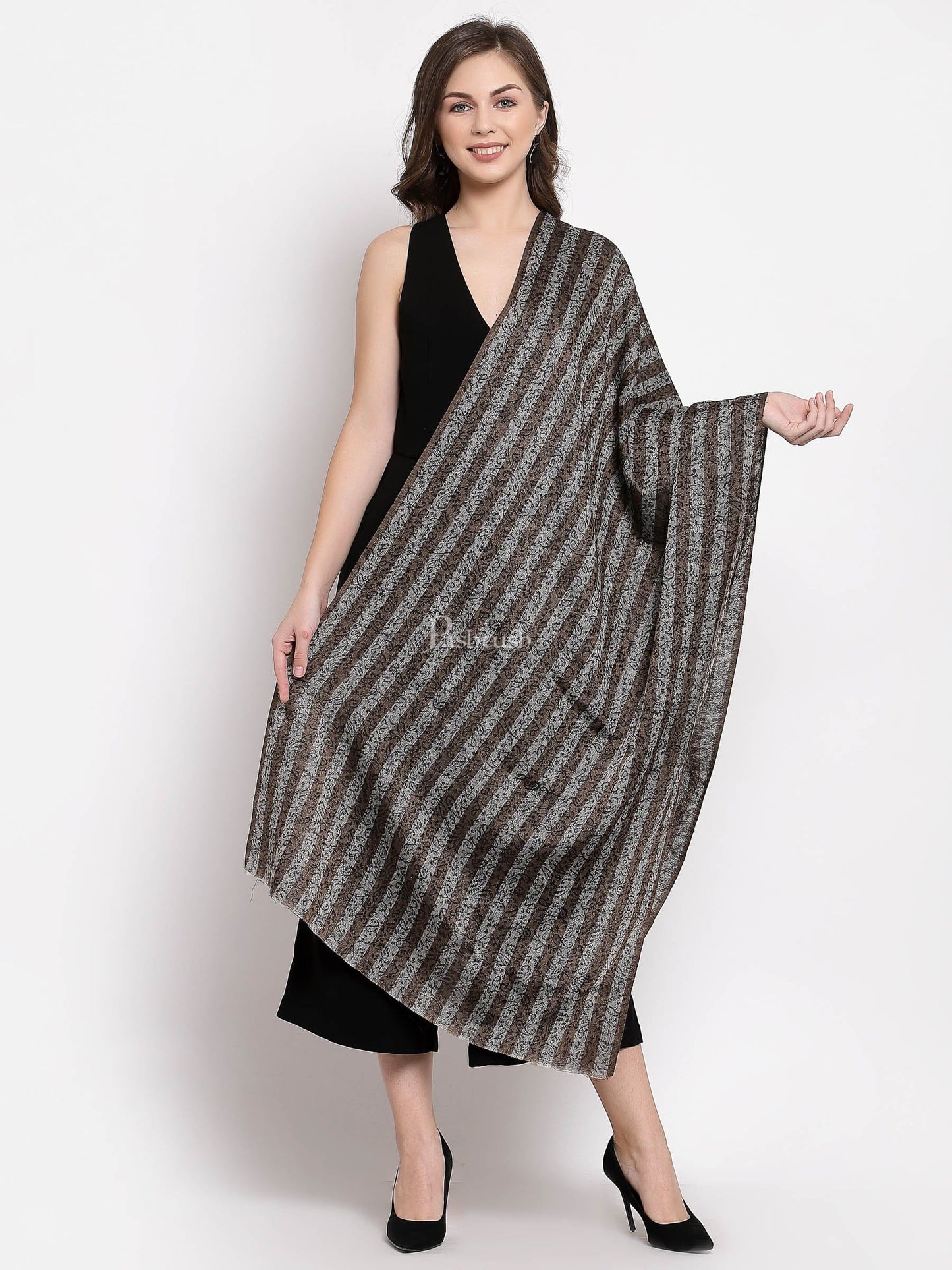 Pashtush India Womens Stoles and Scarves Scarf Pashtush Women'S Fine Wool Striped Stole, Self Weave, Black And Brown