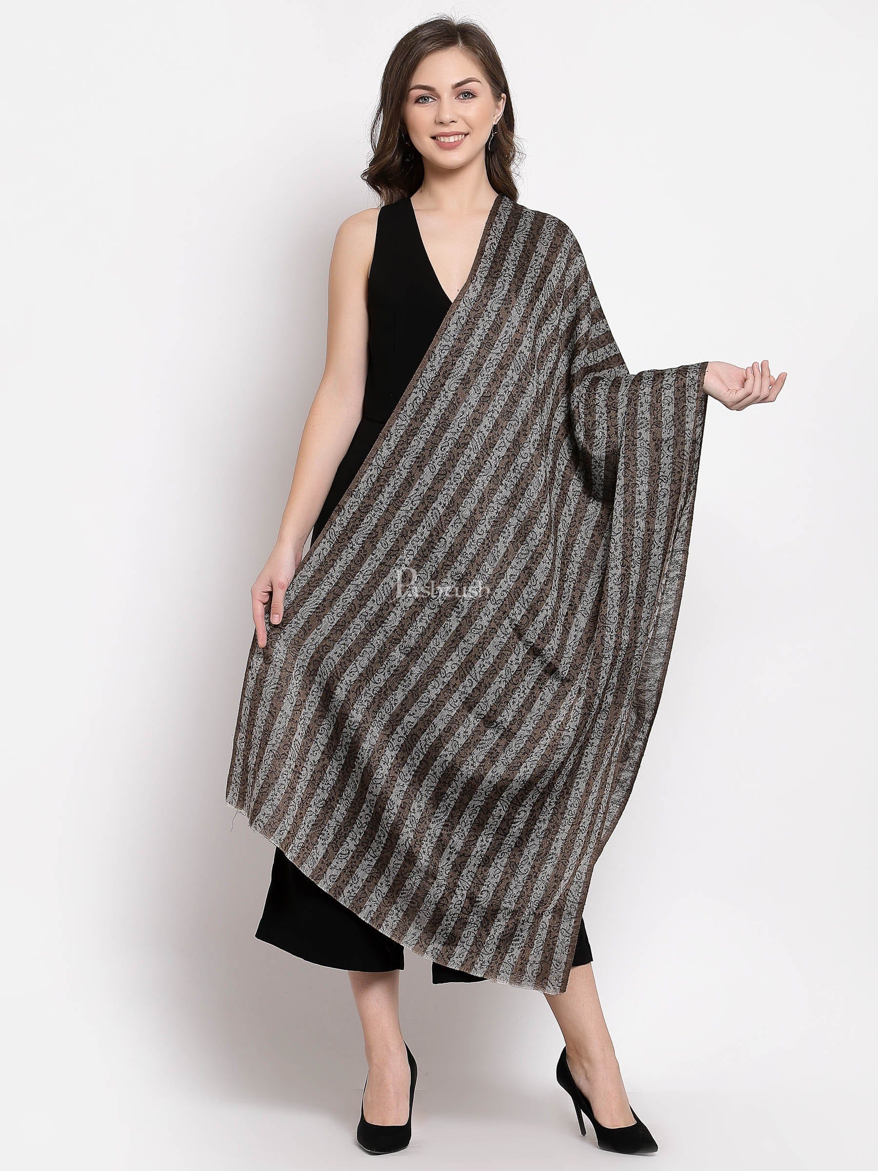 Pashtush India Womens Stoles and Scarves Scarf Pashtush Women'S Fine Wool Striped Stole, Self Weave, Black And Brown