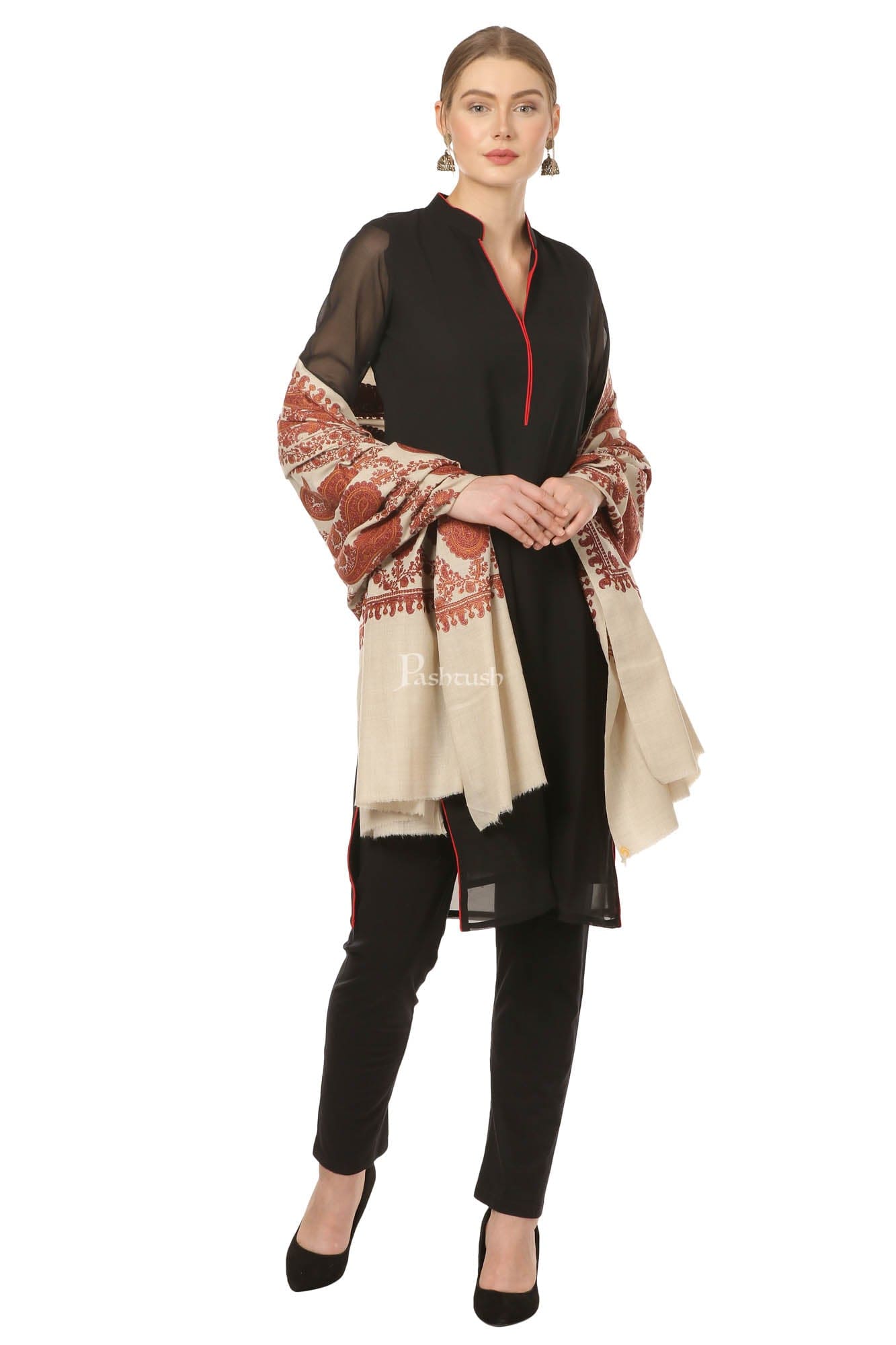 Pashtush India Womens Shawls Pashtush Women'S Heavy Embroidery Jaal Shawl ( Pashmina Colour)