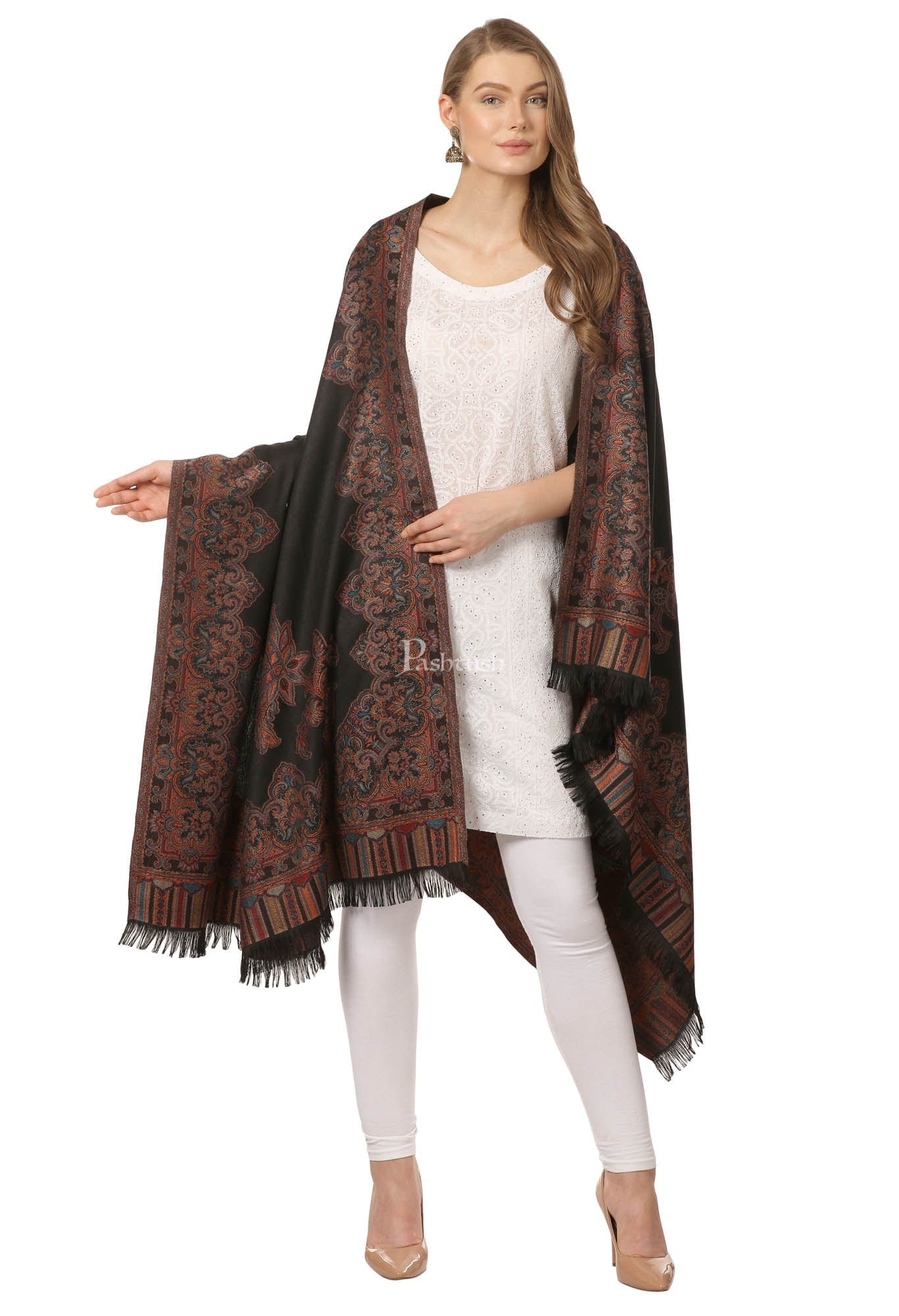 Pashtush India Womens Shawls Pashtush Women'S Jacquard Ambi Shawl, Warm And Soft, Faux Pashmina - Black