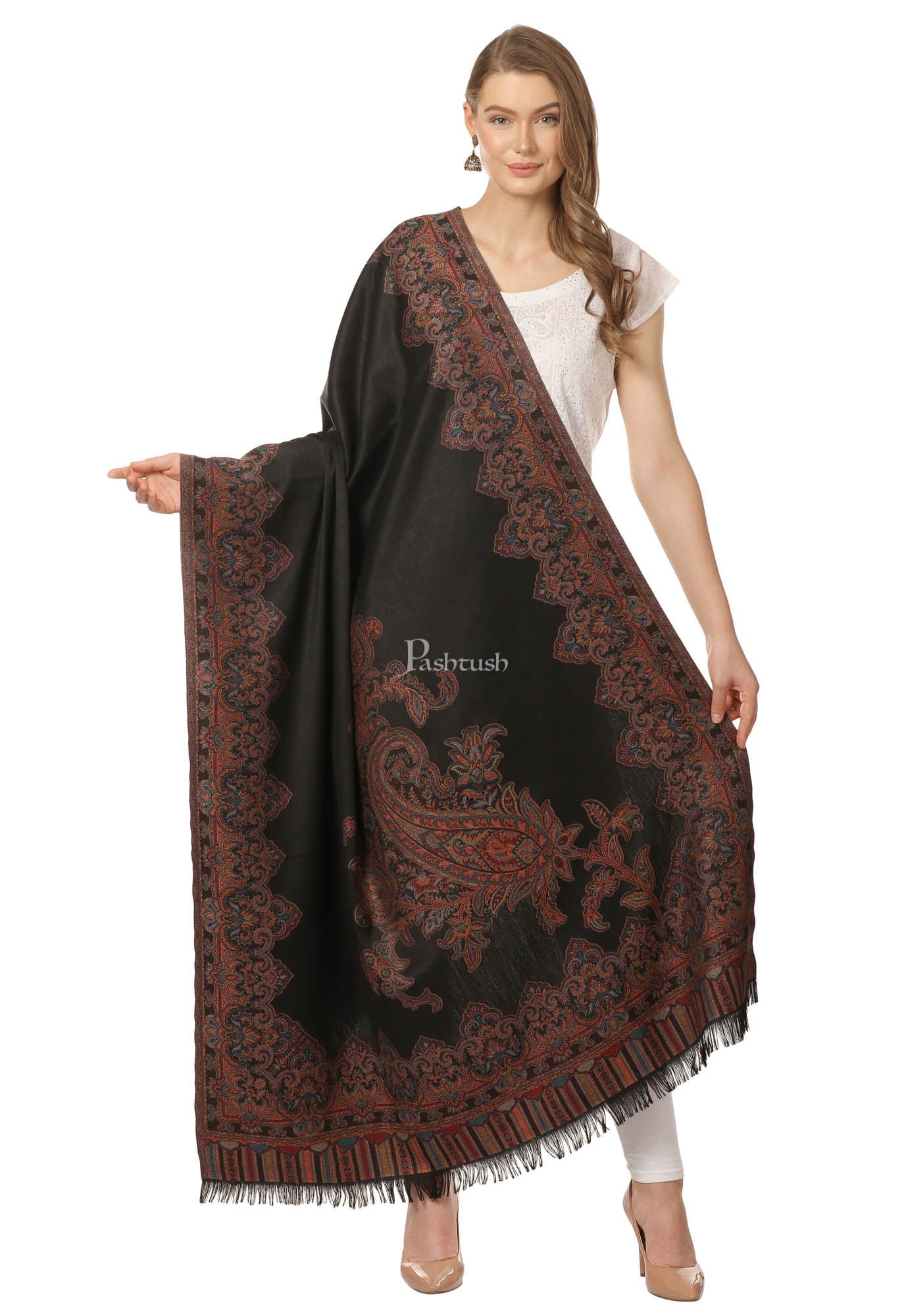 Pashtush India Womens Shawls Pashtush Women'S Jacquard Ambi Shawl, Warm And Soft, Faux Pashmina - Black