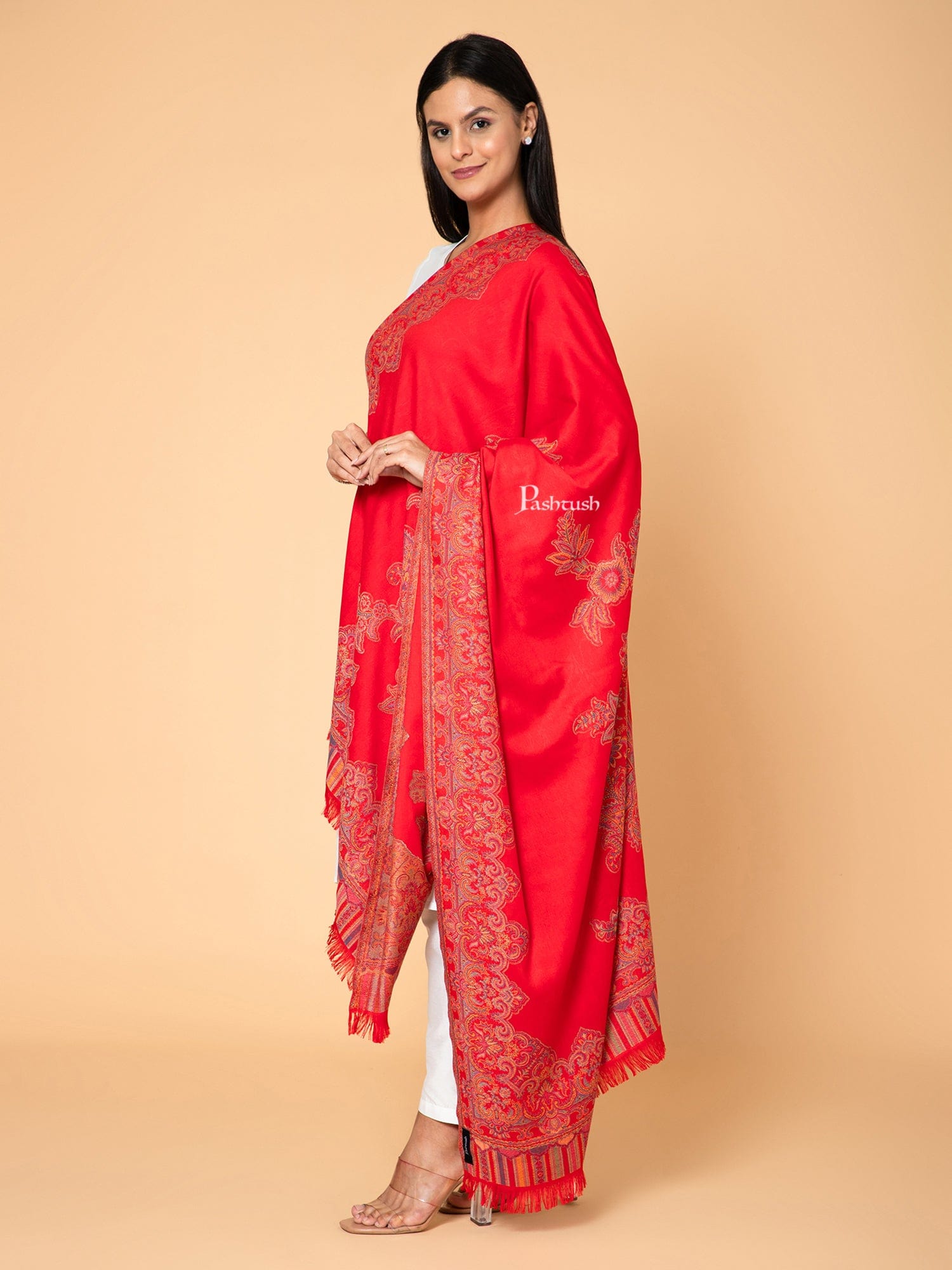 Pashtush India Womens Shawls Pashtush Women'S Jacquard Ambi Shawl, Warm And Soft, Faux Pashmina, Red