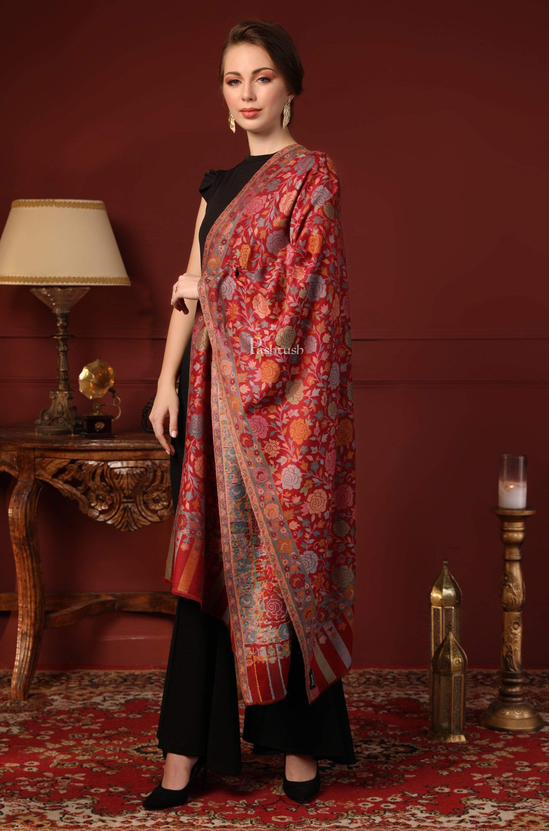 Pashtush Shawl Store Pashtush Women's Jacquard Kaani light weight floral Stole , Maroon