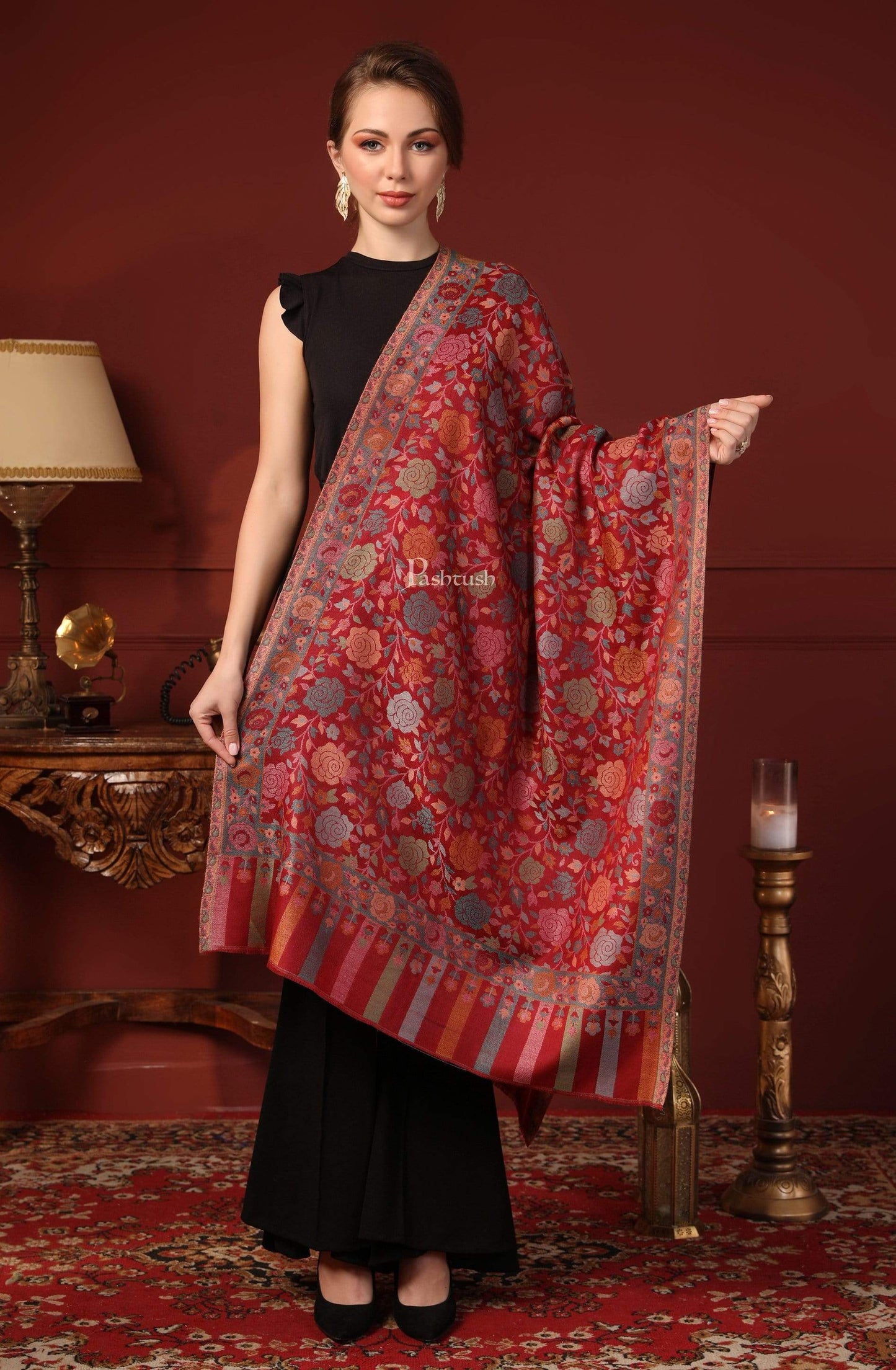 Pashtush Shawl Store Pashtush Women's Jacquard Kaani light weight floral Stole , Maroon