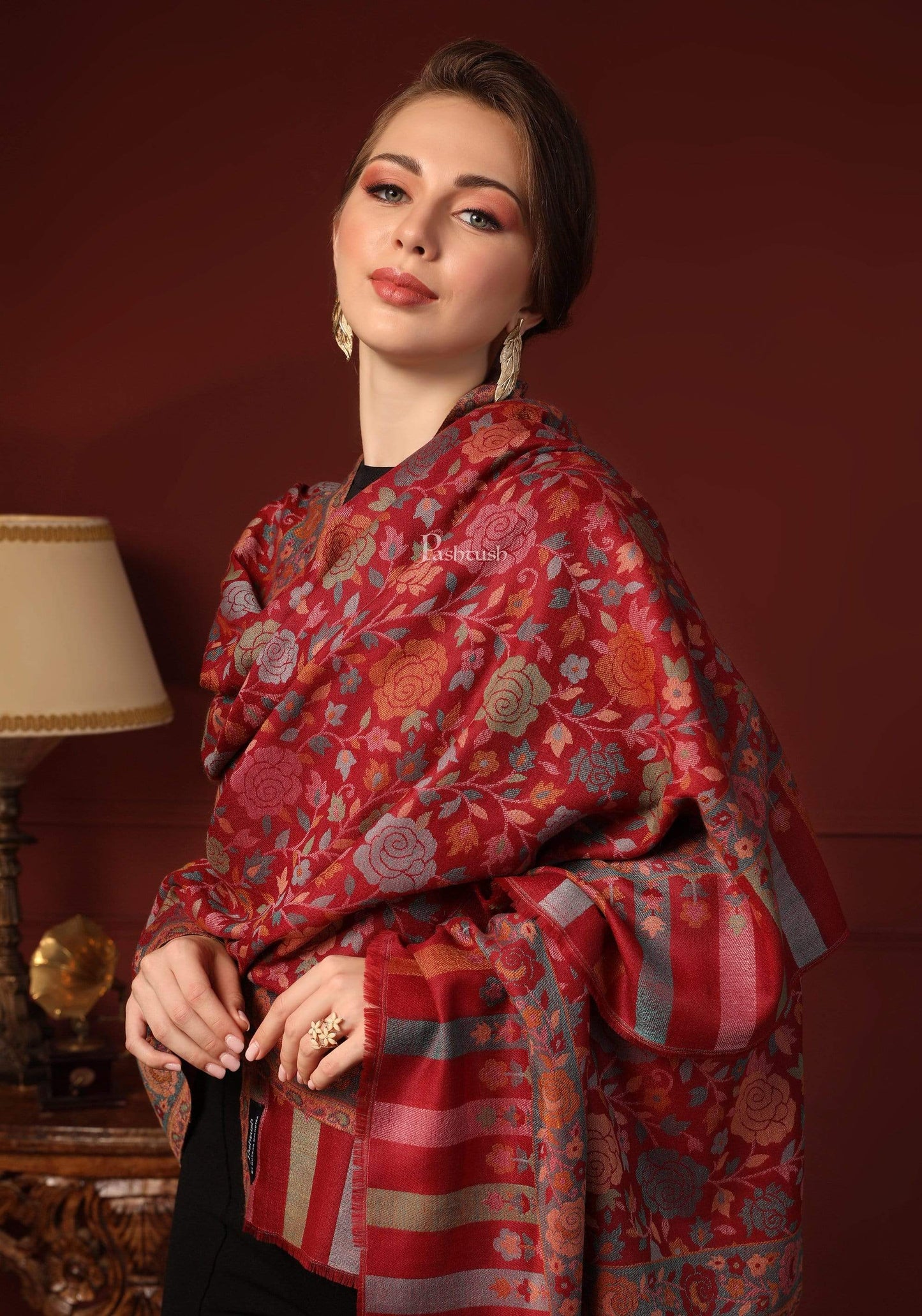Pashtush Shawl Store Pashtush Women's Jacquard Kaani light weight floral Stole , Maroon