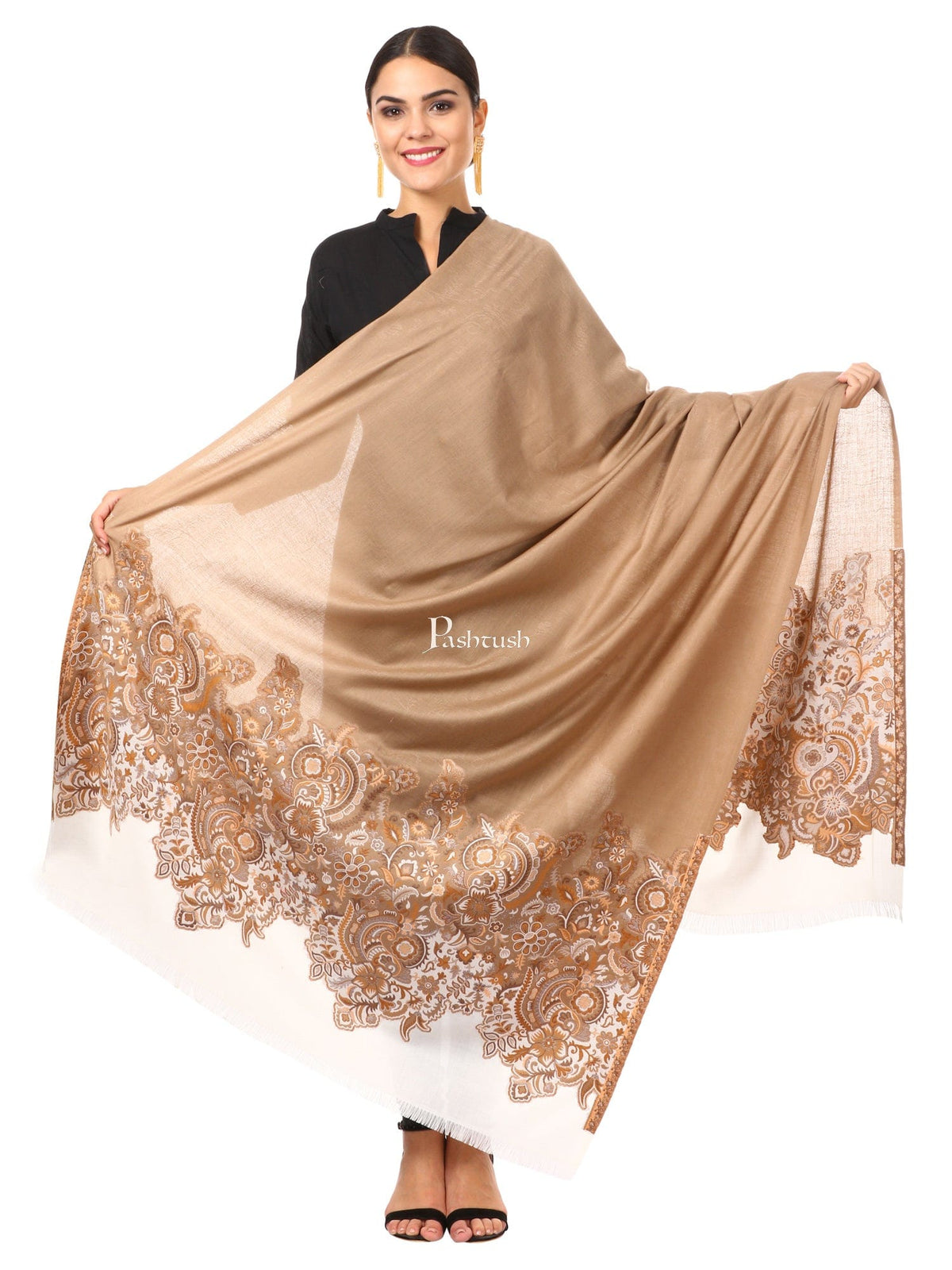 Pashtush India Womens Shawls Pashtush Women'S Jacquard Palla Shawl, Warm And Soft, Faux Pashmina Beige