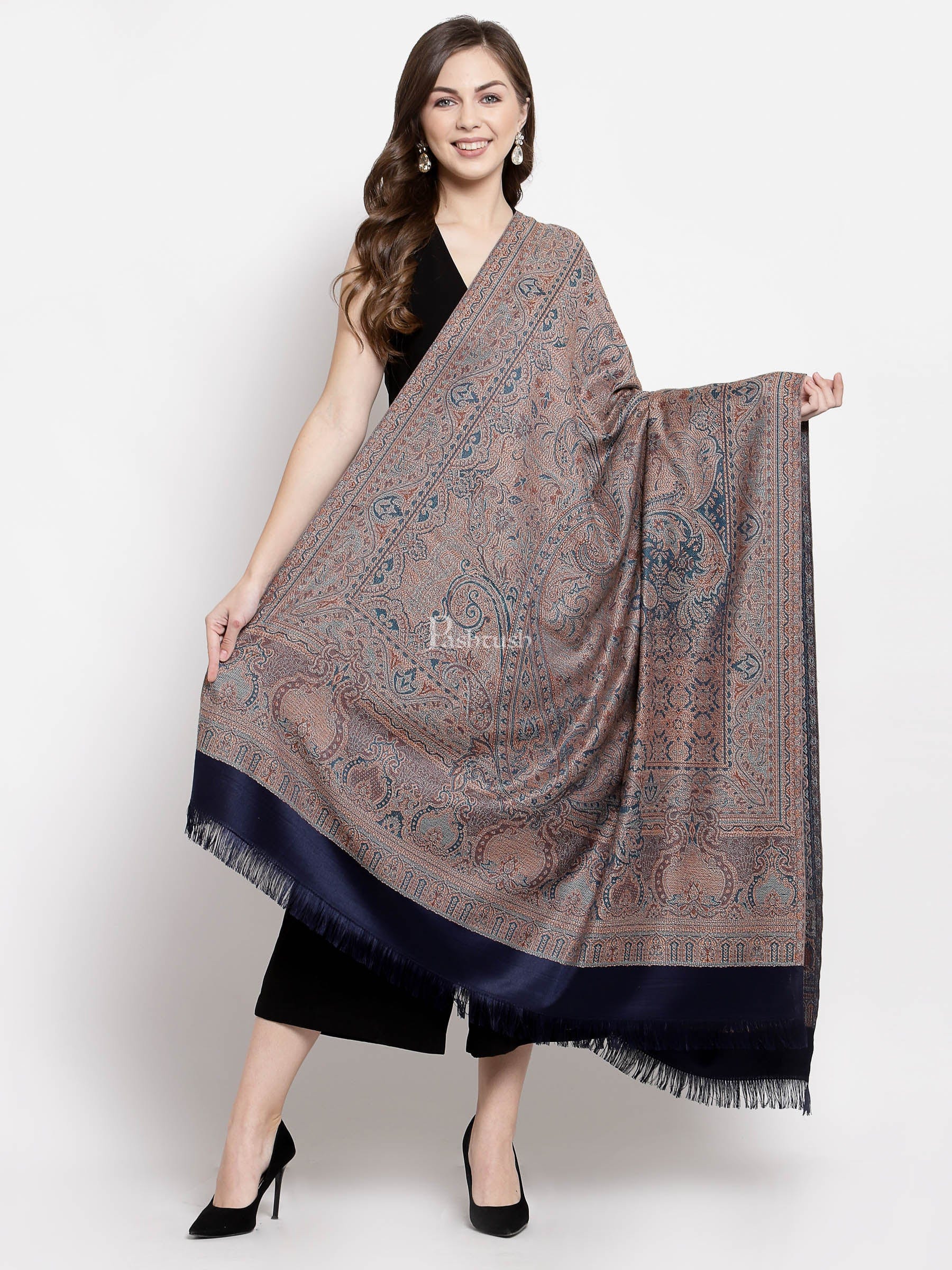 Pashtush India Womens Shawls Pashtush Women'S Jamawar Shawl, Faux Pashmina, Navy Blue, Reversible