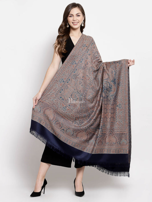 Pashtush India Womens Shawls Pashtush Women'S Jamawar Shawl, Faux Pashmina, Navy Blue, Reversible
