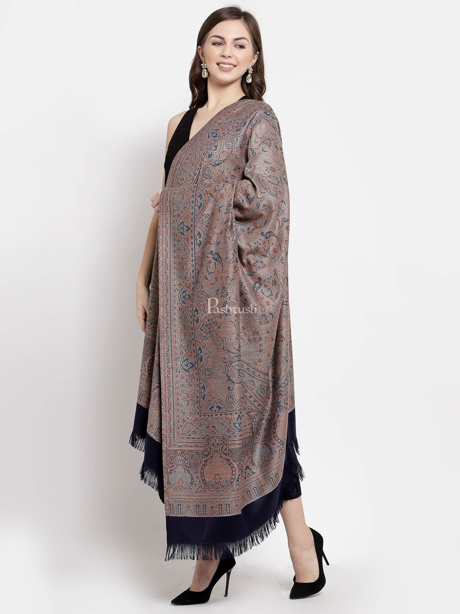 Pashtush India Womens Shawls Pashtush Women'S Jamawar Shawl, Faux Pashmina, Navy Blue, Reversible