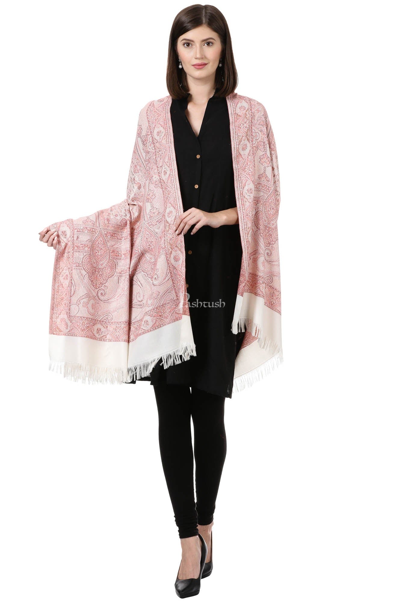 Pashtush India Womens Shawls Pashtush Women'S Jamawar Shawl, Ivory Andpink