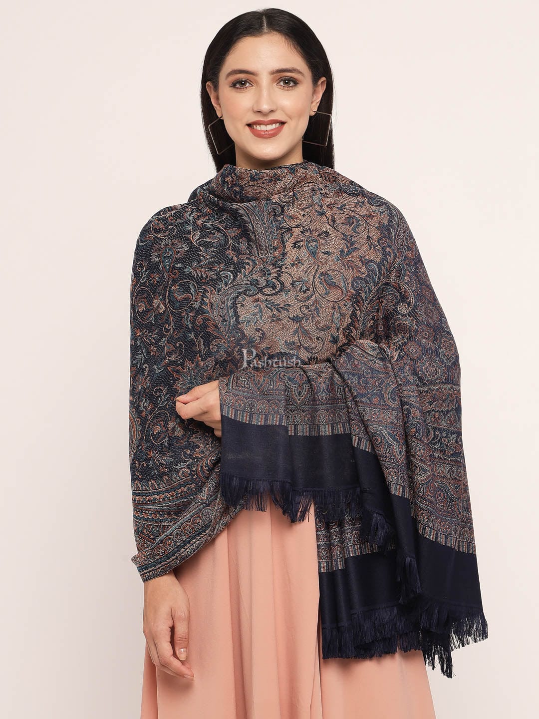 Pashtush India Womens Shawls Pashtush Women'S Jamawar Shawl, Navy Blue