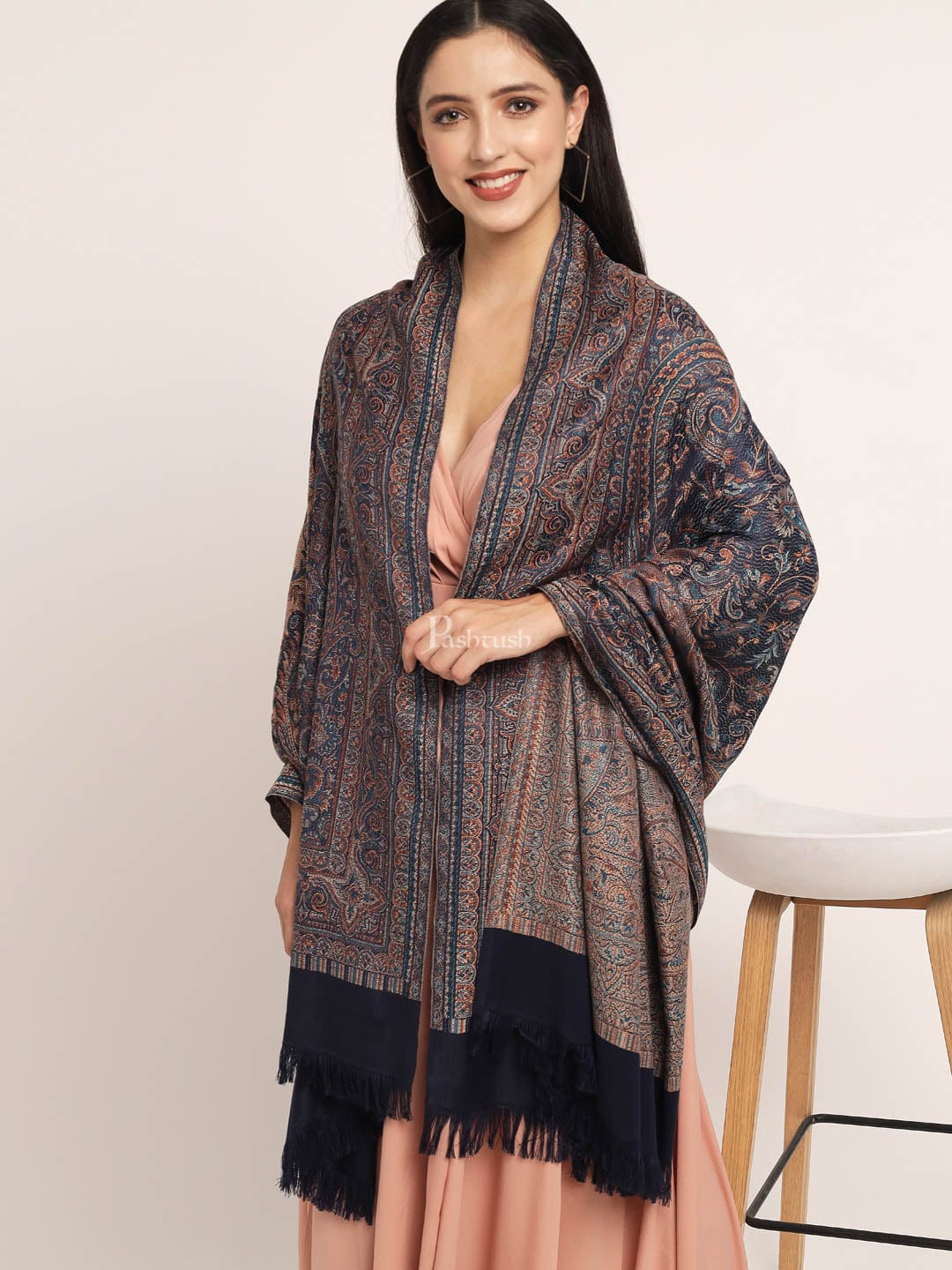 Pashtush India Womens Shawls Pashtush Women'S Jamawar Shawl, Navy Blue