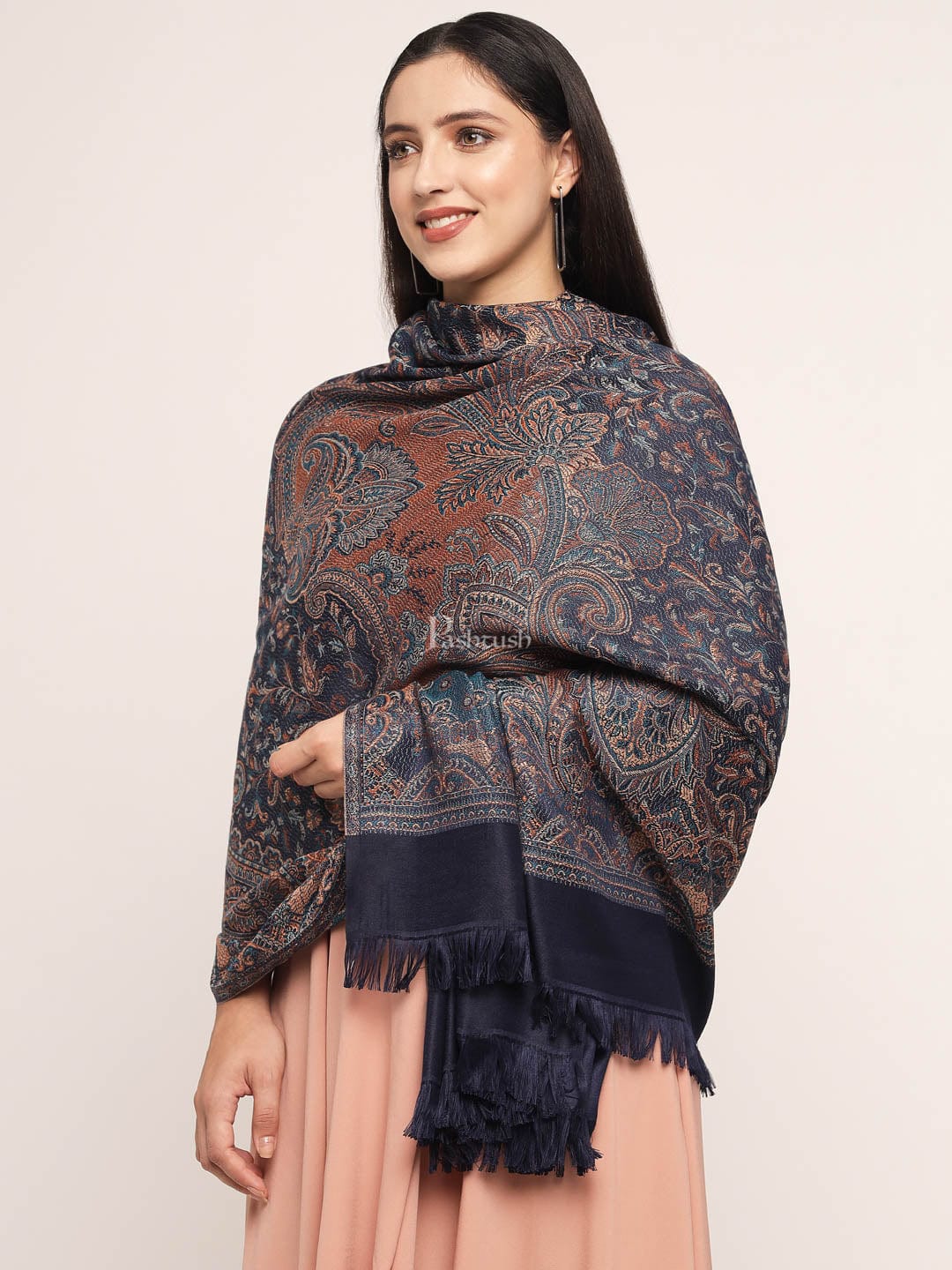 Pashtush India Womens Shawls Pashtush Women'S Jamawar Shawl, Navy Blue