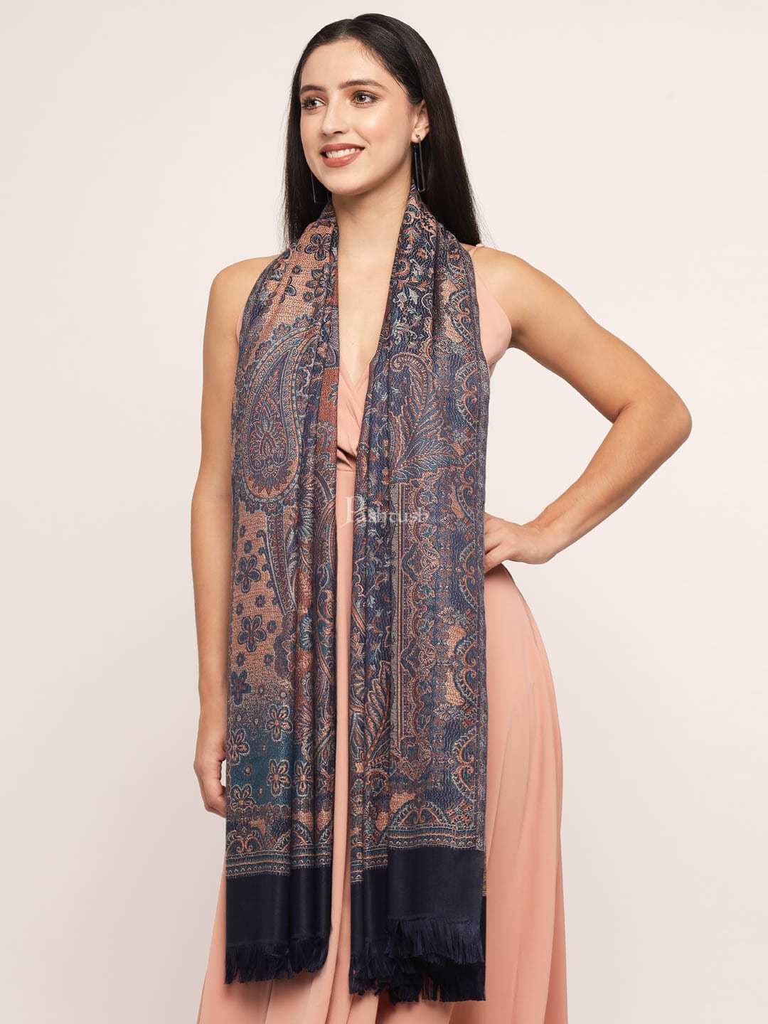 Pashtush India Womens Shawls Pashtush Women'S Jamawar Shawl, Navy Blue