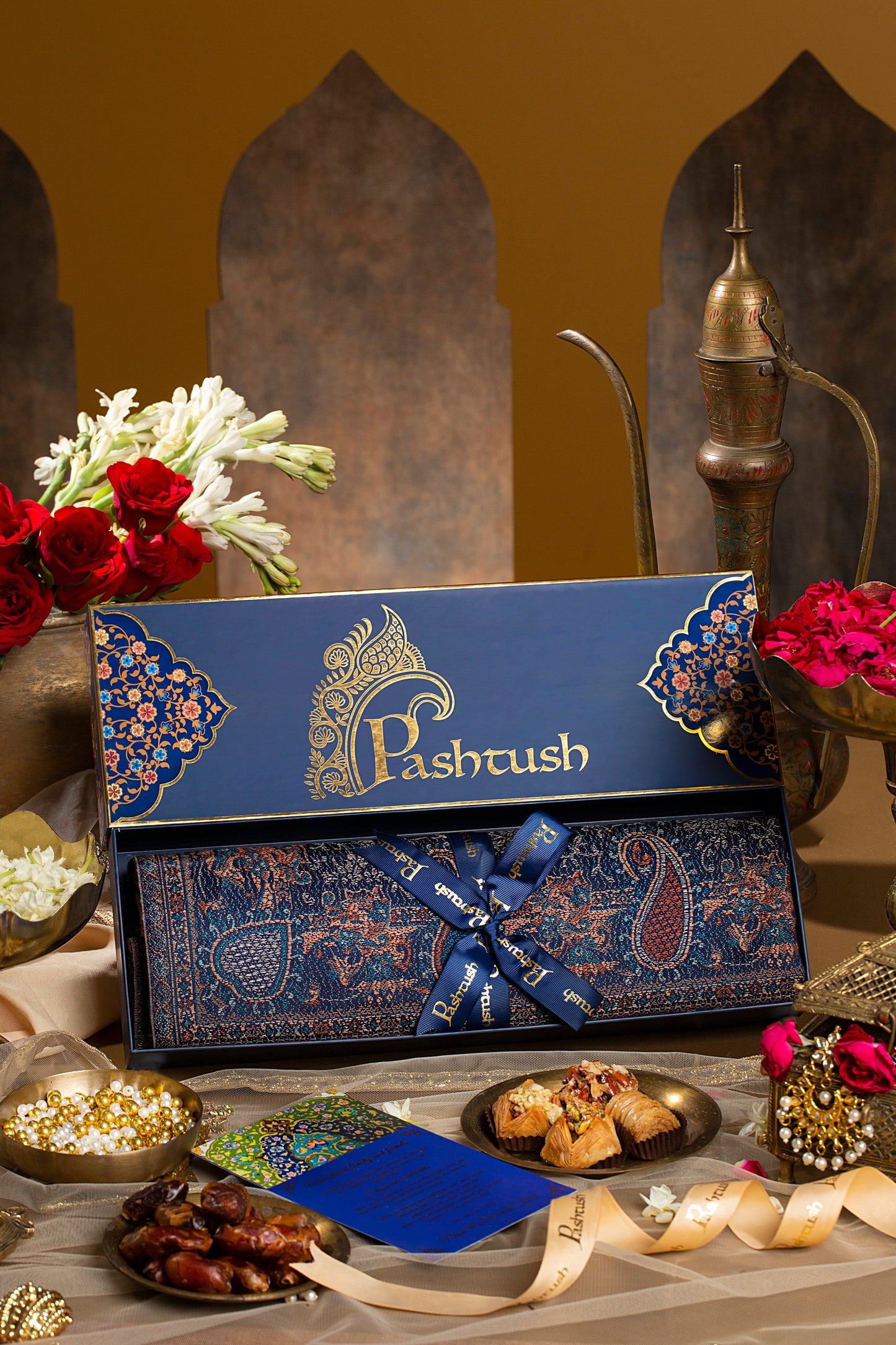 Pashtush India Gift Pack Pashtush Women's Jamawar Shawl, Navy Blue