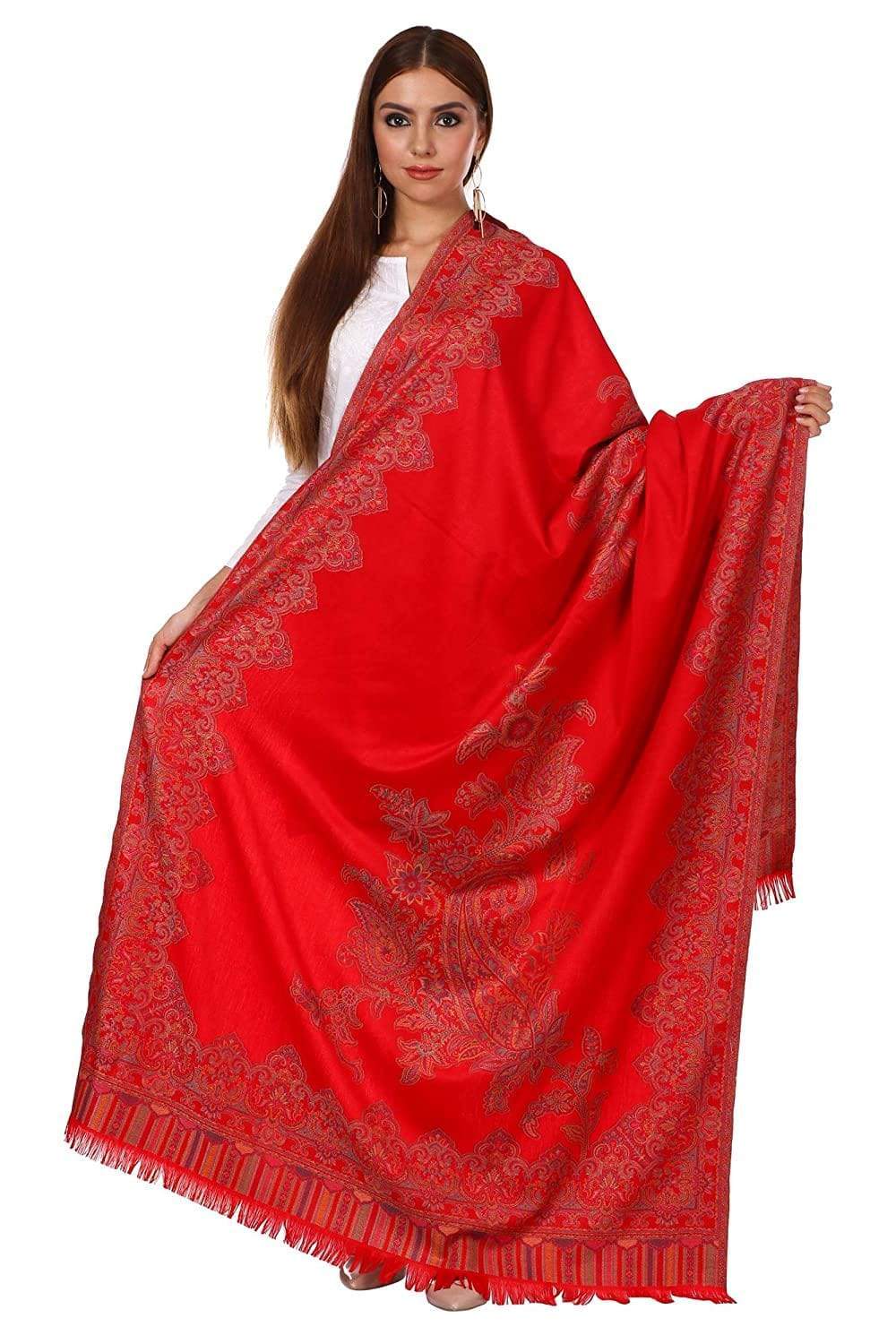Pashtush India 100x200 Pashtush Women's Kashmiri Jacquard Ambi Shawl, Warm and soft, Faux Pashmina - Red