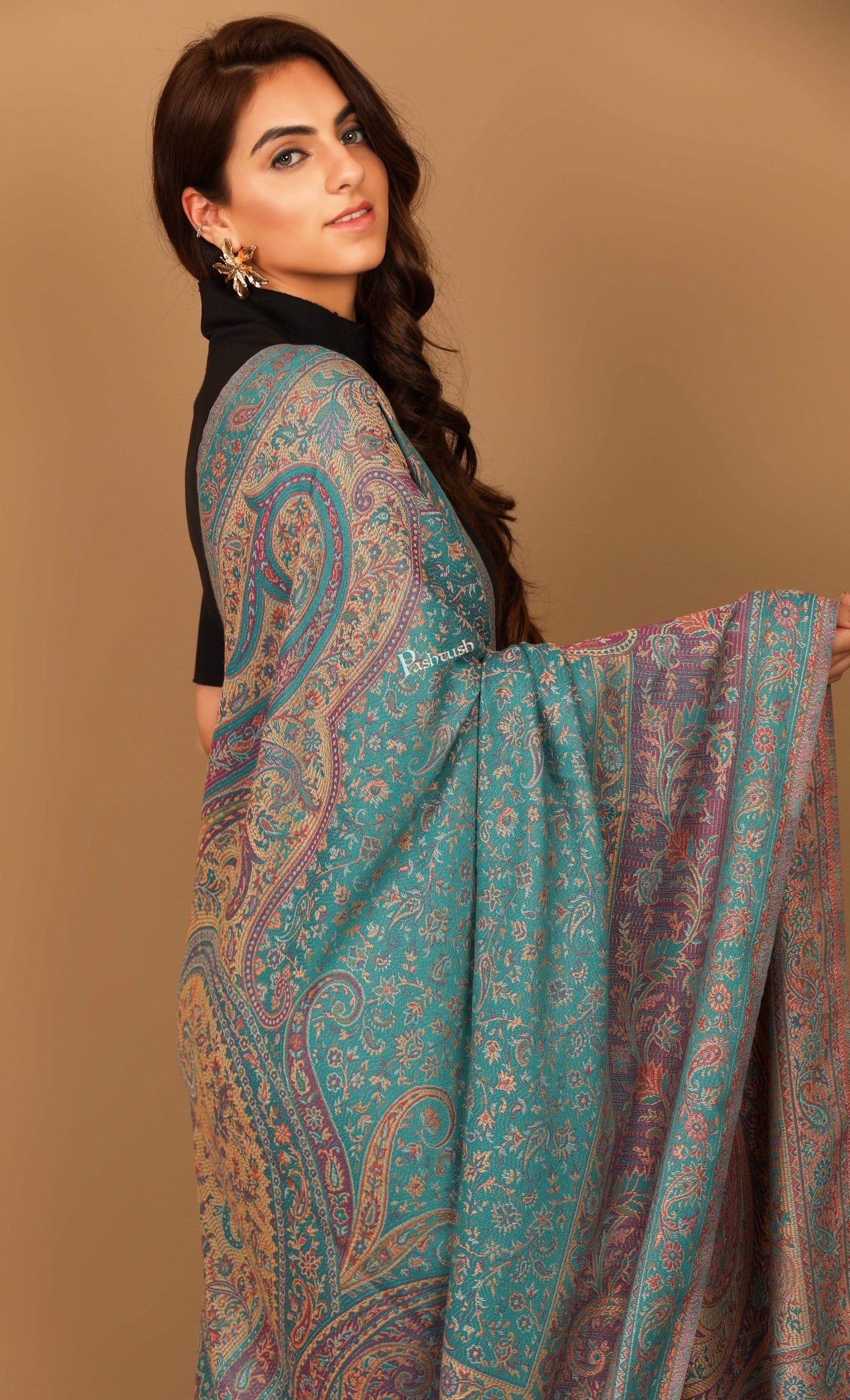 Pashtush India 100x200 Pashtush Women's Kashmiri Jamawar Shawl, Arabic blue