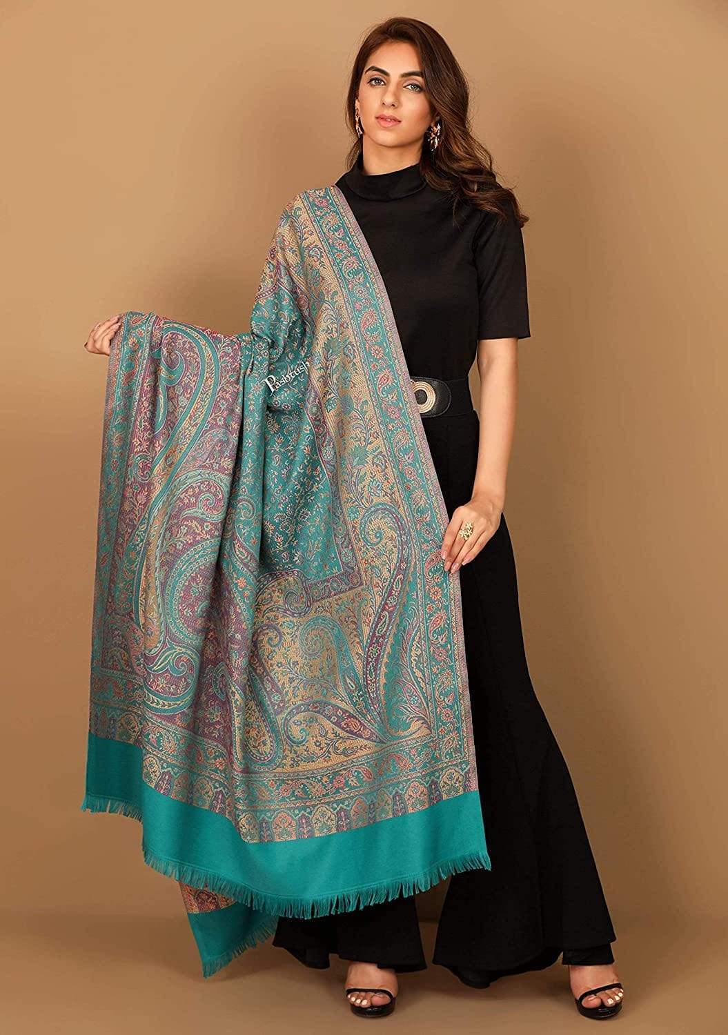 Pashtush India 100x200 Pashtush Women's Kashmiri Jamawar Shawl, Arabic blue