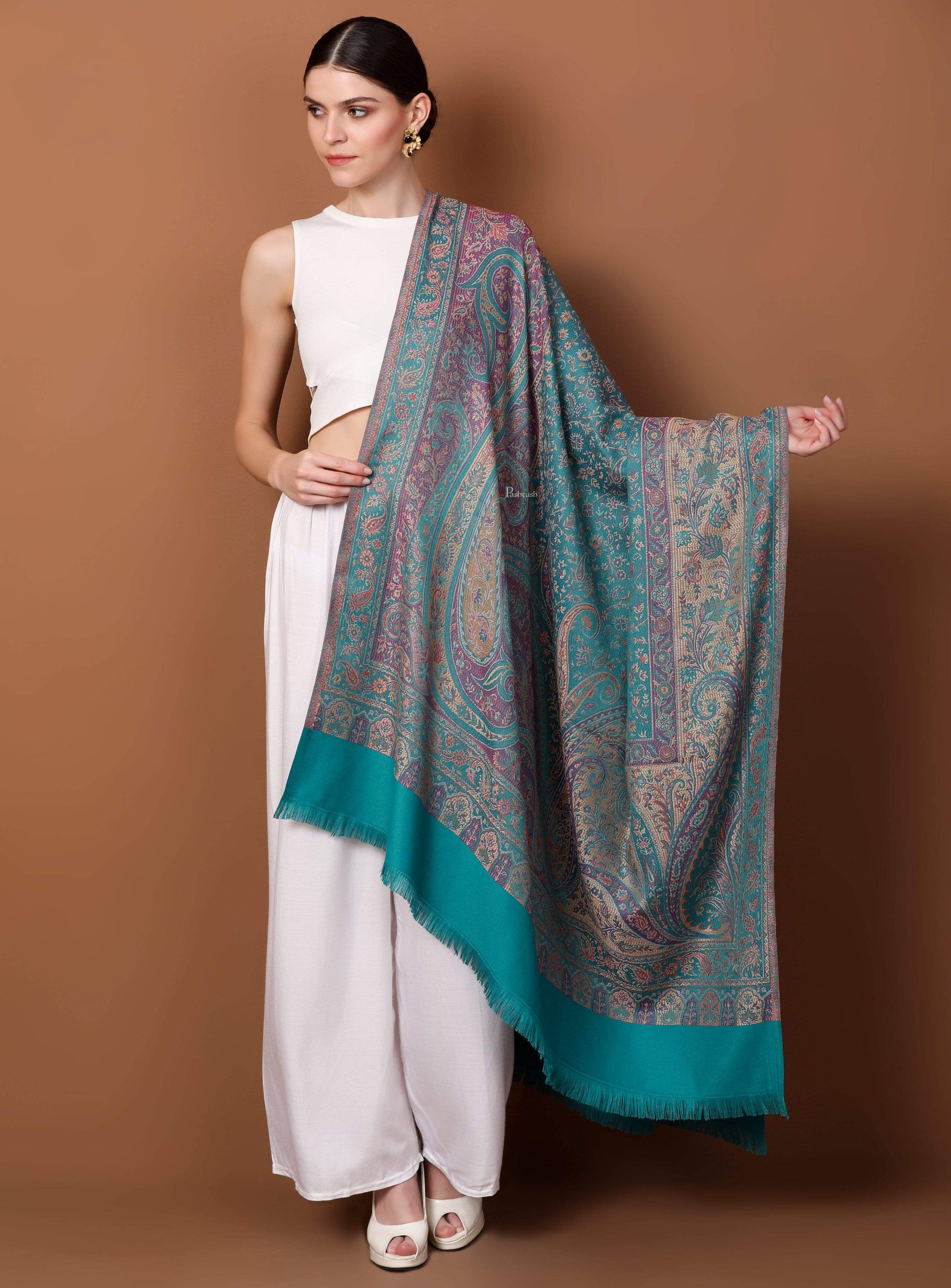 Pashtush India 100x200 Pashtush Women's Kashmiri Jamawar Shawl, Arabic Blue