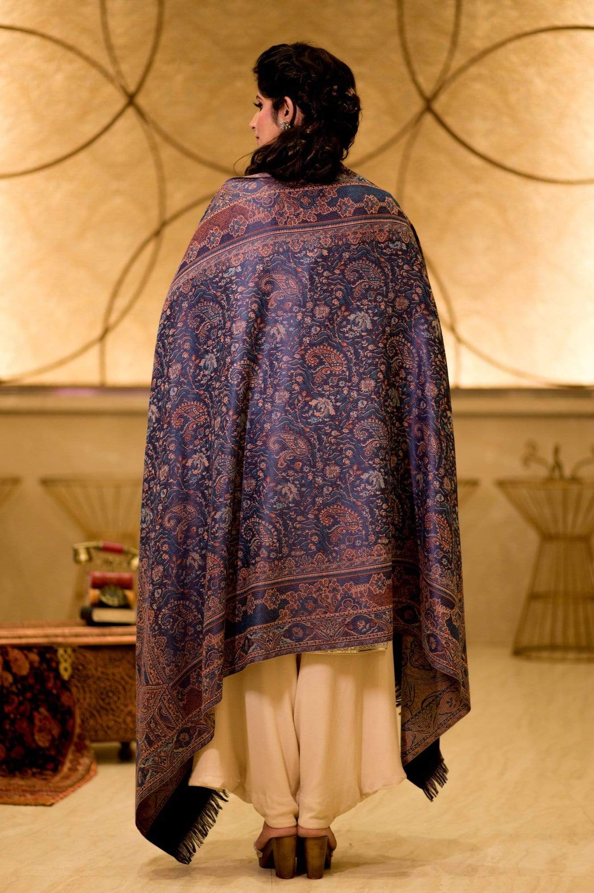Pashtush India 100x200 Pashtush Women's Kashmiri Jamawar Shawl, Navy blue