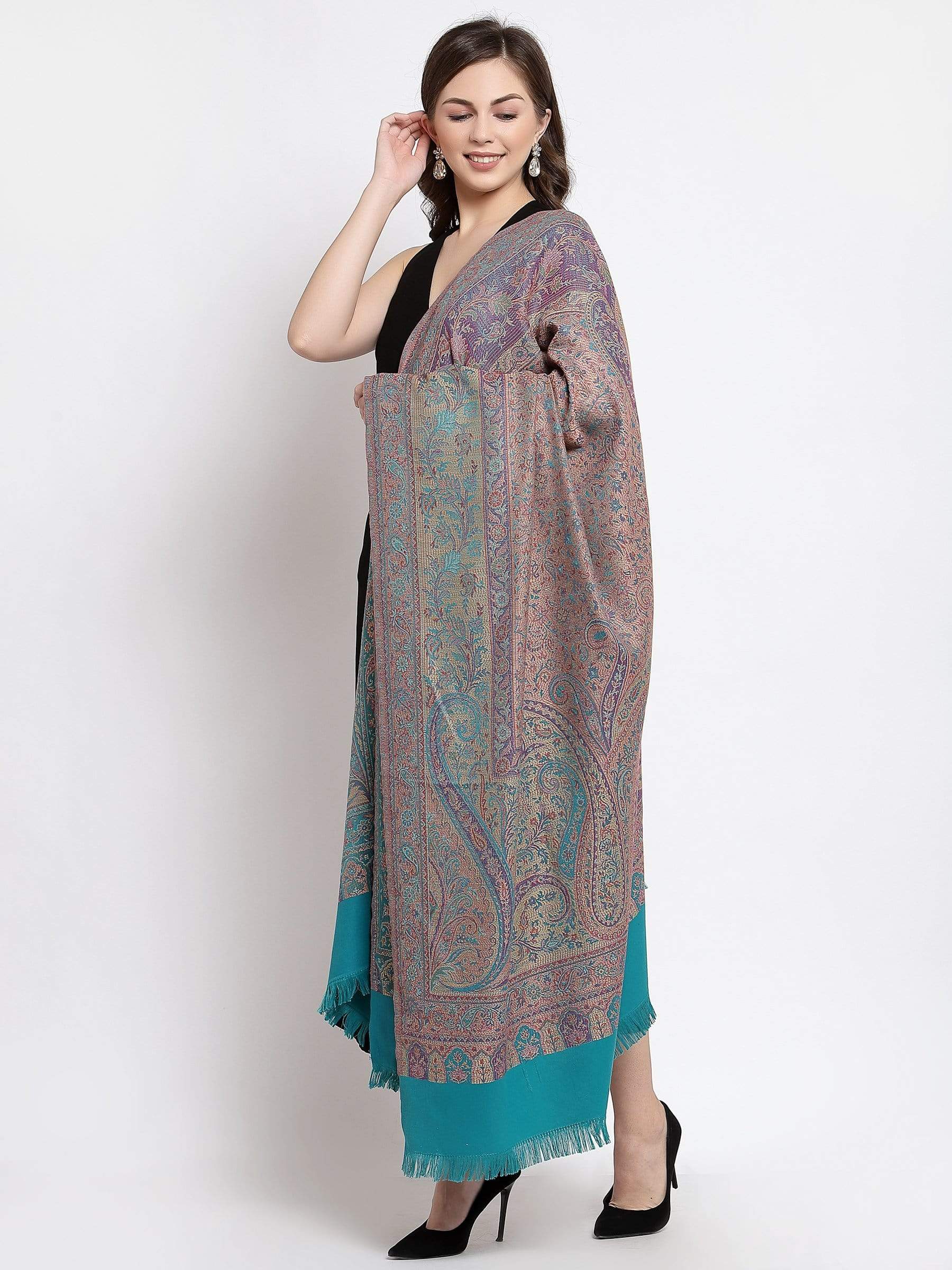 Pashtush India 100x200 Pashtush Women's Kashmiri Jamawar Shawl, Soft and Warm Arabic Blue