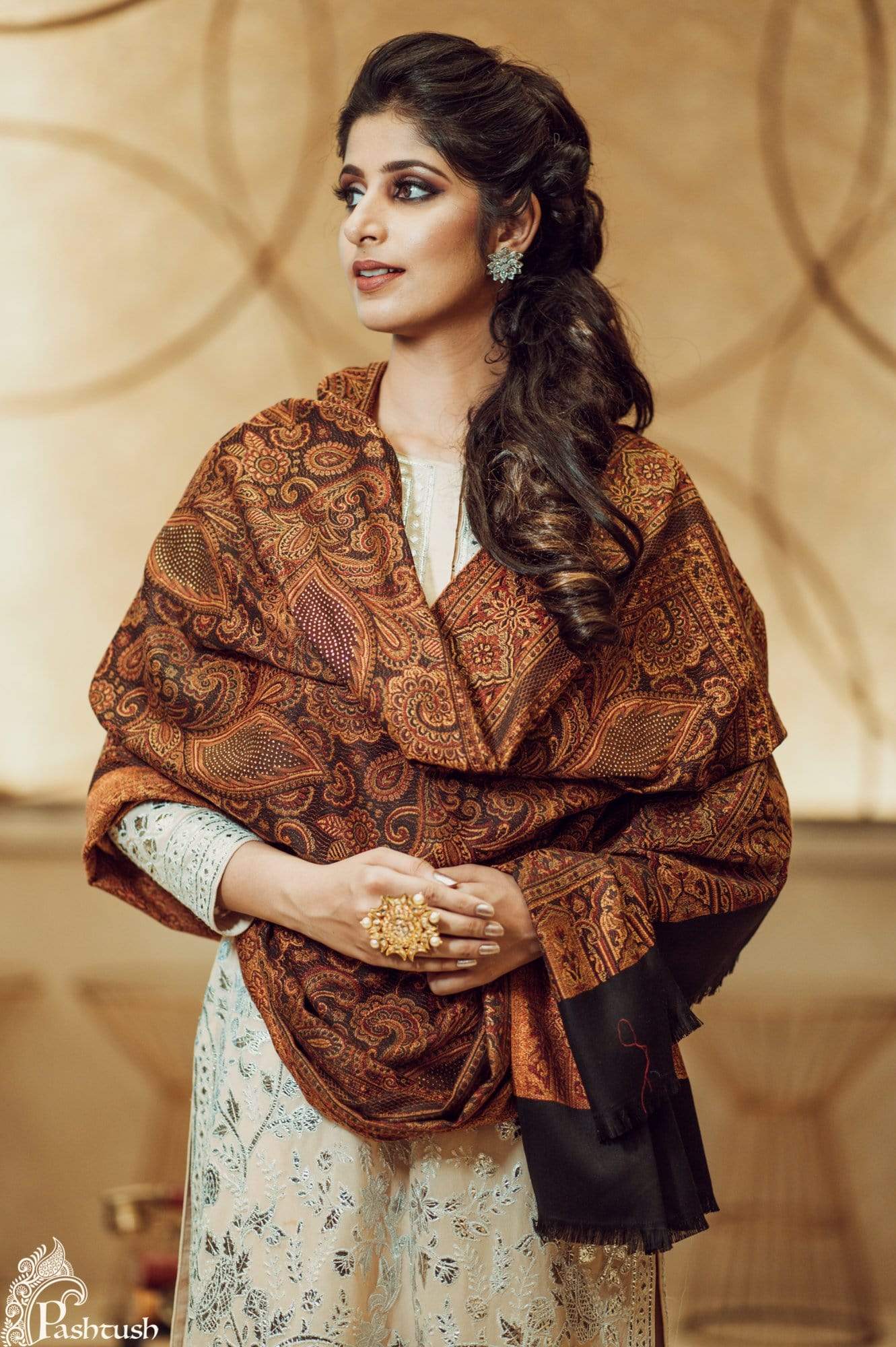 Pashtush Women'S Jamawar Shawl With Crystal Work Shawl, Faux Pashmina