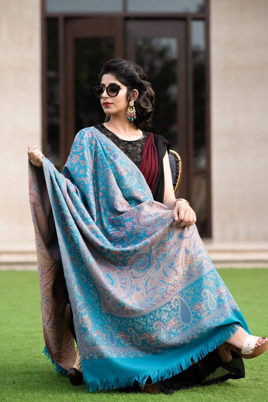 Pashtush India 100x200 Pashtush Women's Kashmiri Shawl, Faux Pashmina Design, Arabic Blue