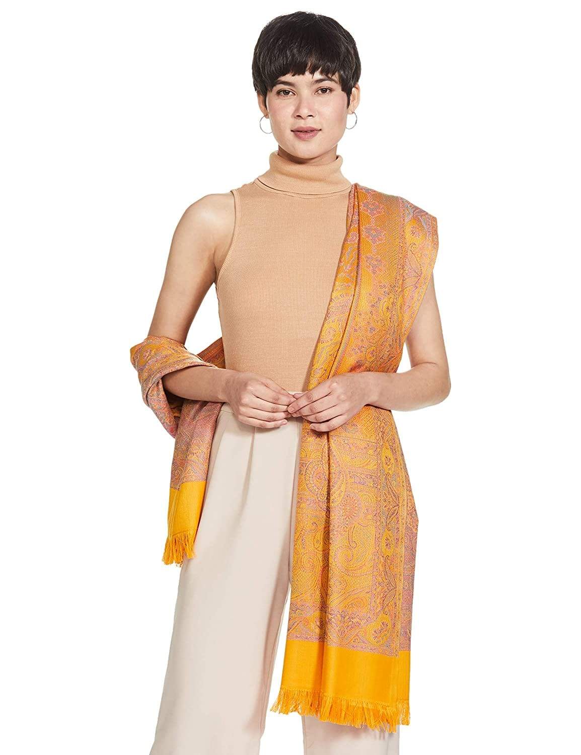 Pashtush India 100x200 Pashtush Women's Kashmiri Shawl, Faux Pashmina Design, Mustard