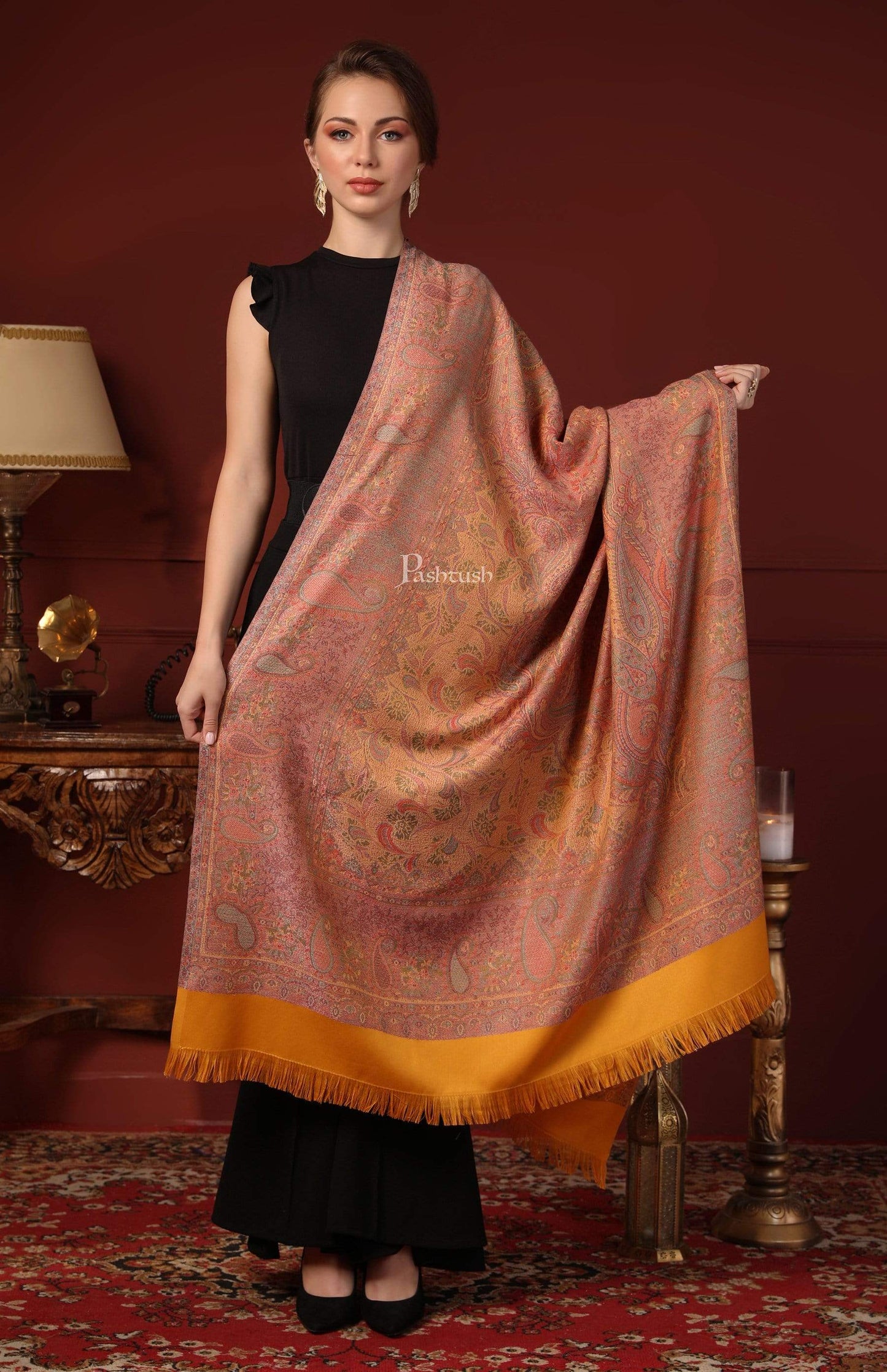 Pashtush India 100x200 Pashtush Women's Kashmiri Shawl, Faux Pashmina Design, Mustard