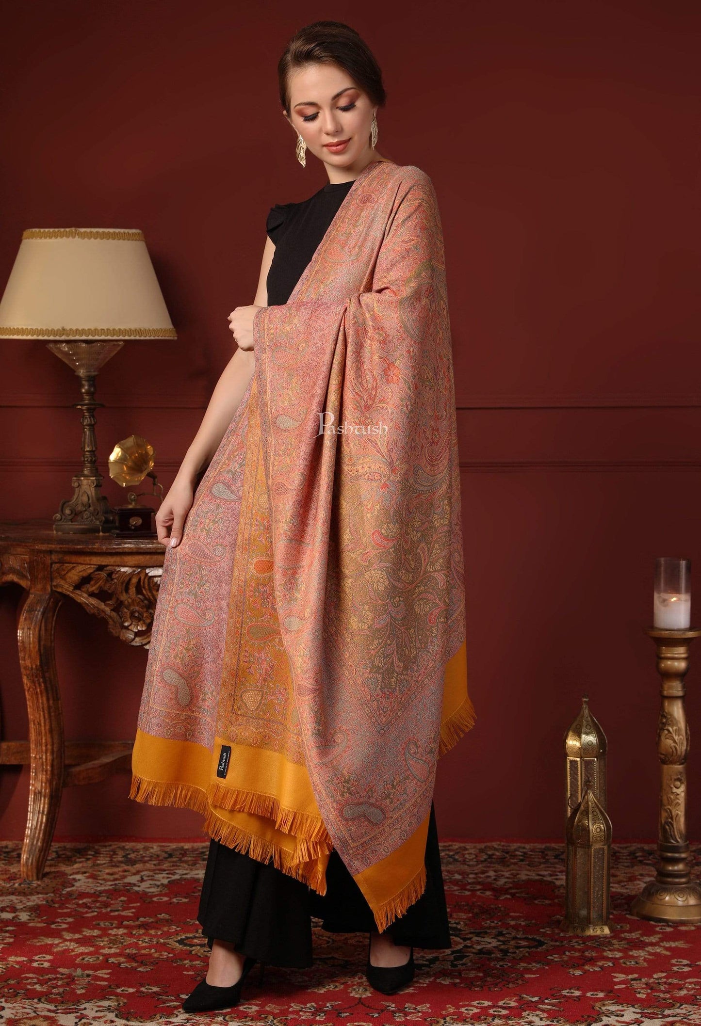 Pashtush India 100x200 Pashtush Women's Kashmiri Shawl, Faux Pashmina Design, Mustard