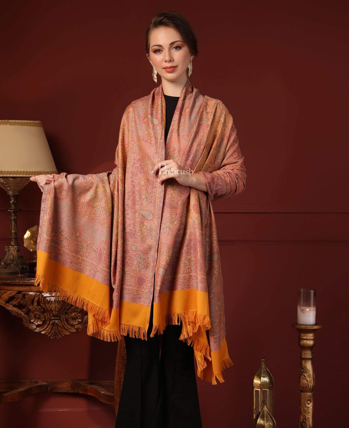 Pashtush India 100x200 Pashtush Women's Kashmiri Shawl, Faux Pashmina Design, Mustard