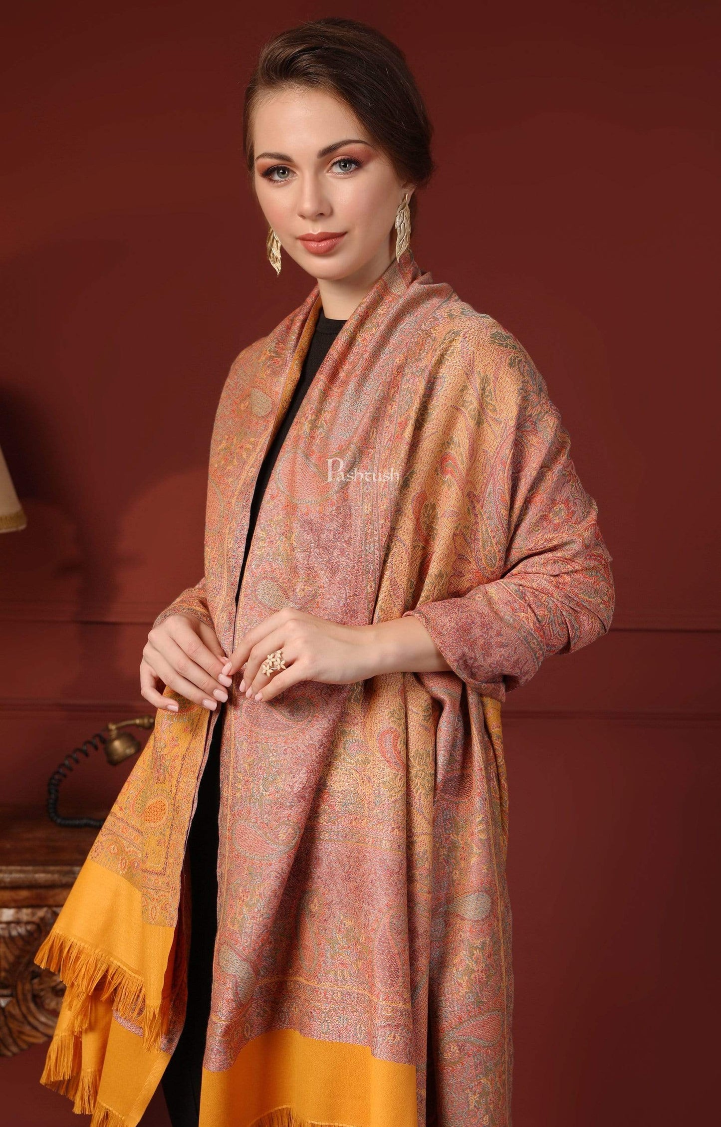 Pashtush India 100x200 Pashtush Women's Kashmiri Shawl, Faux Pashmina Design, Mustard