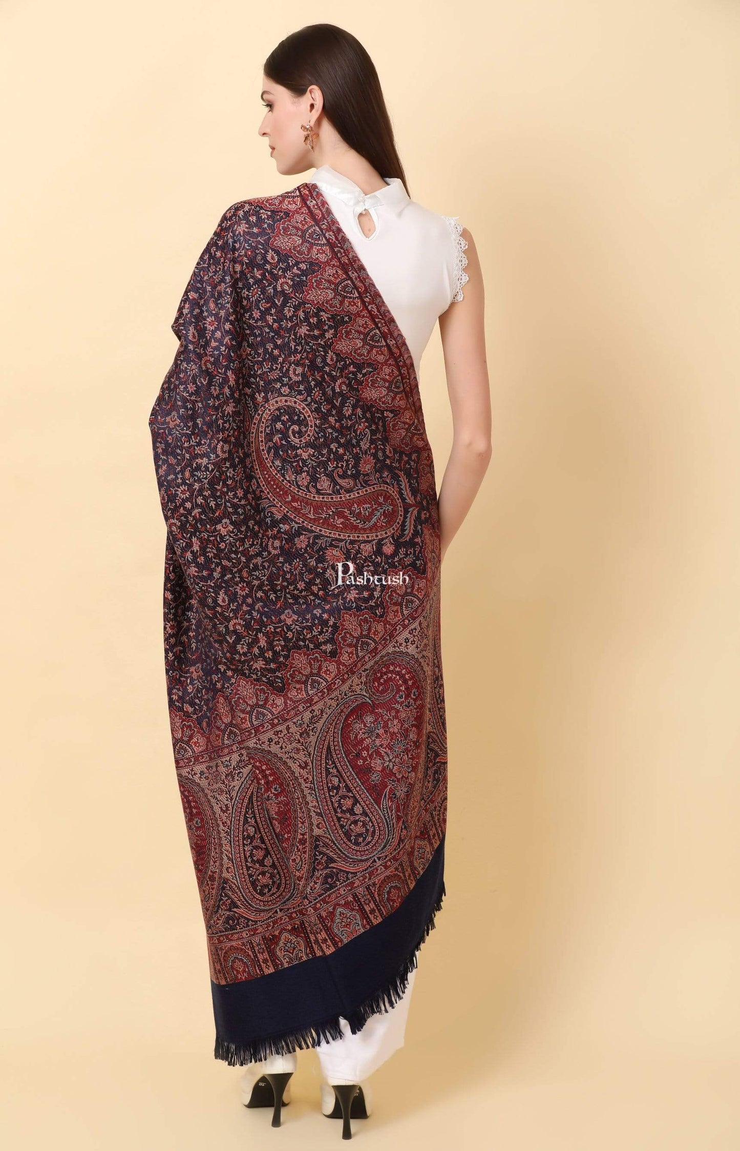 Pashtush India 100x200 Pashtush Women's Kashmiri Shawl, Faux Pashmina Design, Navy Blue