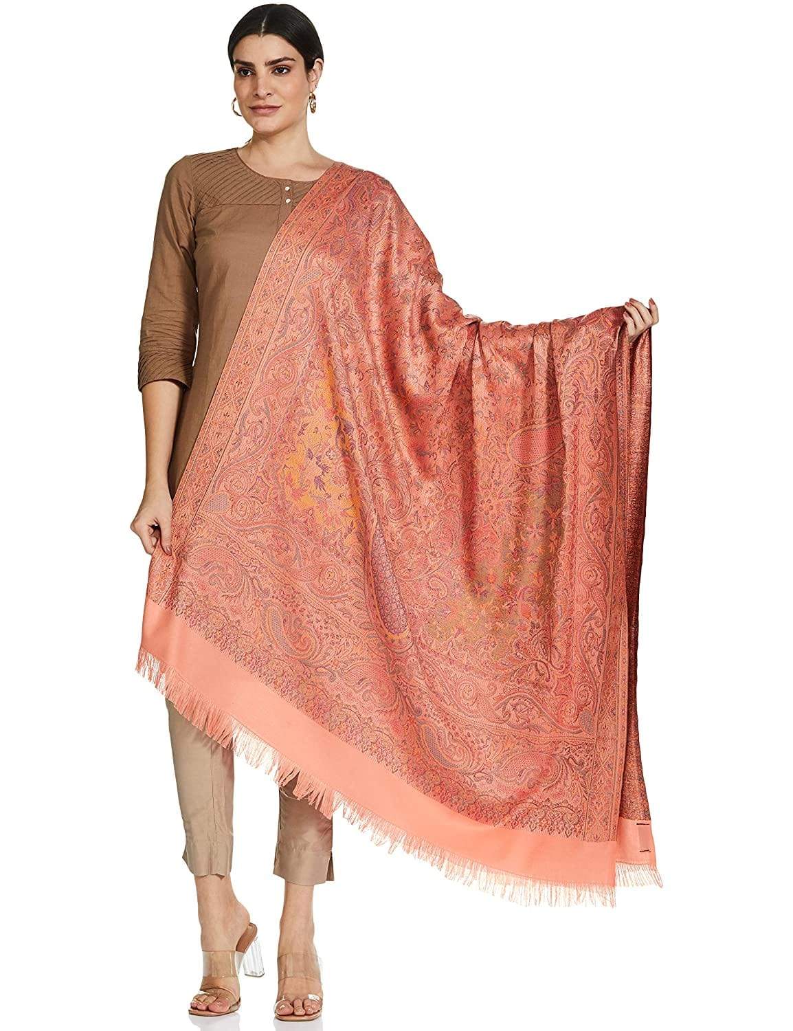 Pashtush India 100x200 Pashtush Women's Kashmiri Shawl, Faux Pashmina Design, Peach