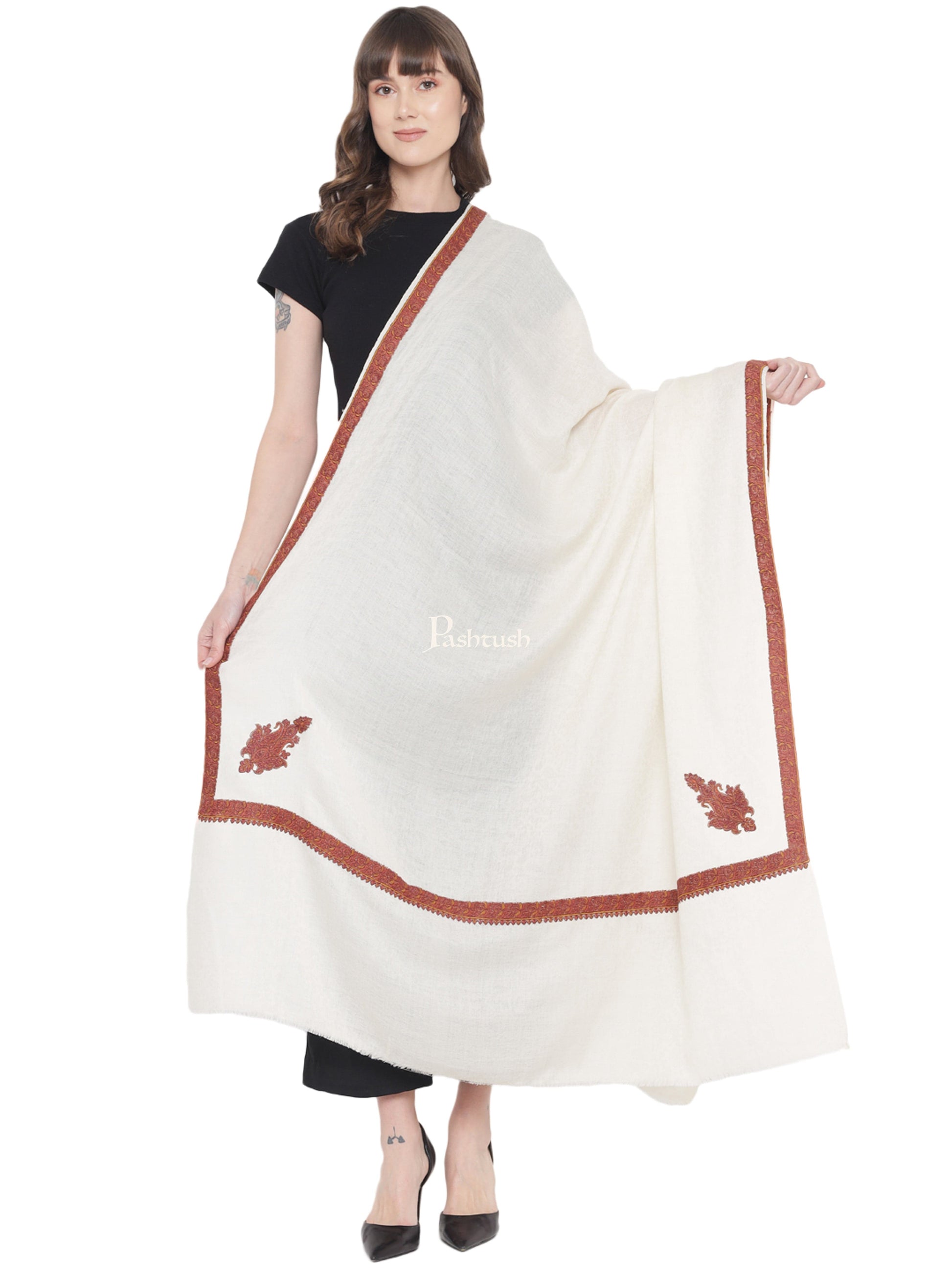 Pashtush India Womens Shawls Pashtush Women's Kingri Border Embroidery Shawl, Fine Wool, Ivory