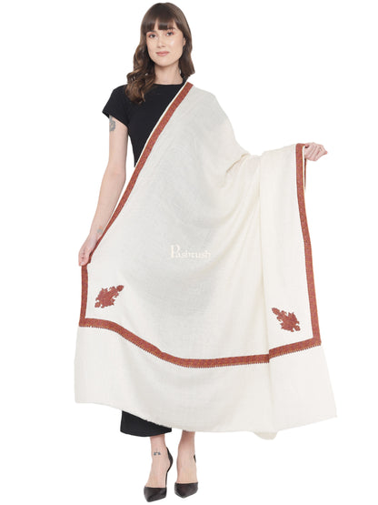 Pashtush India Womens Shawls Pashtush Women's Kingri Border Embroidery Shawl, Fine Wool, Ivory