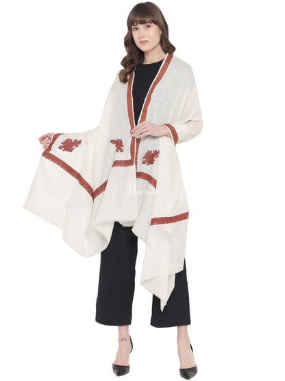 Pashtush India Womens Shawls Pashtush Women's Kingri Border Embroidery Shawl, Fine Wool, Ivory