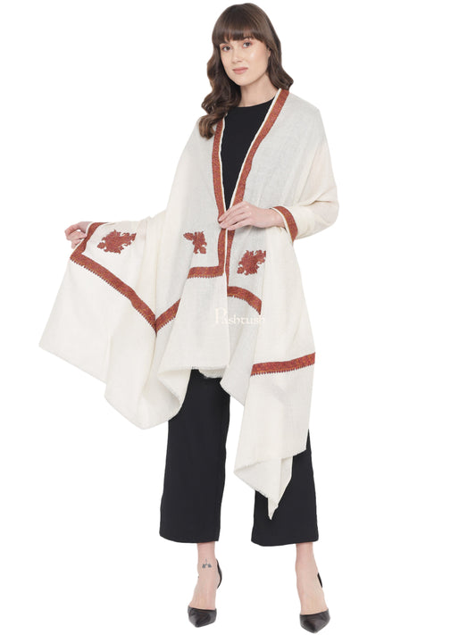 Pashtush India Womens Shawls Pashtush Women's Kingri Border Embroidery Shawl, Fine Wool, Ivory
