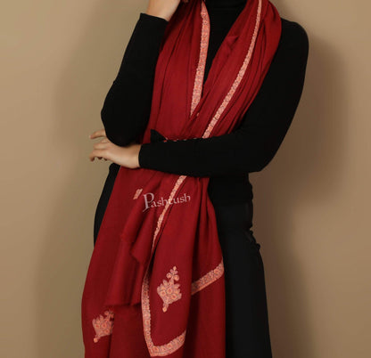 Pashtush India Shawl Pashtush Women's Kingri Border Embroidery Shawl, Fine Wool, Maroon