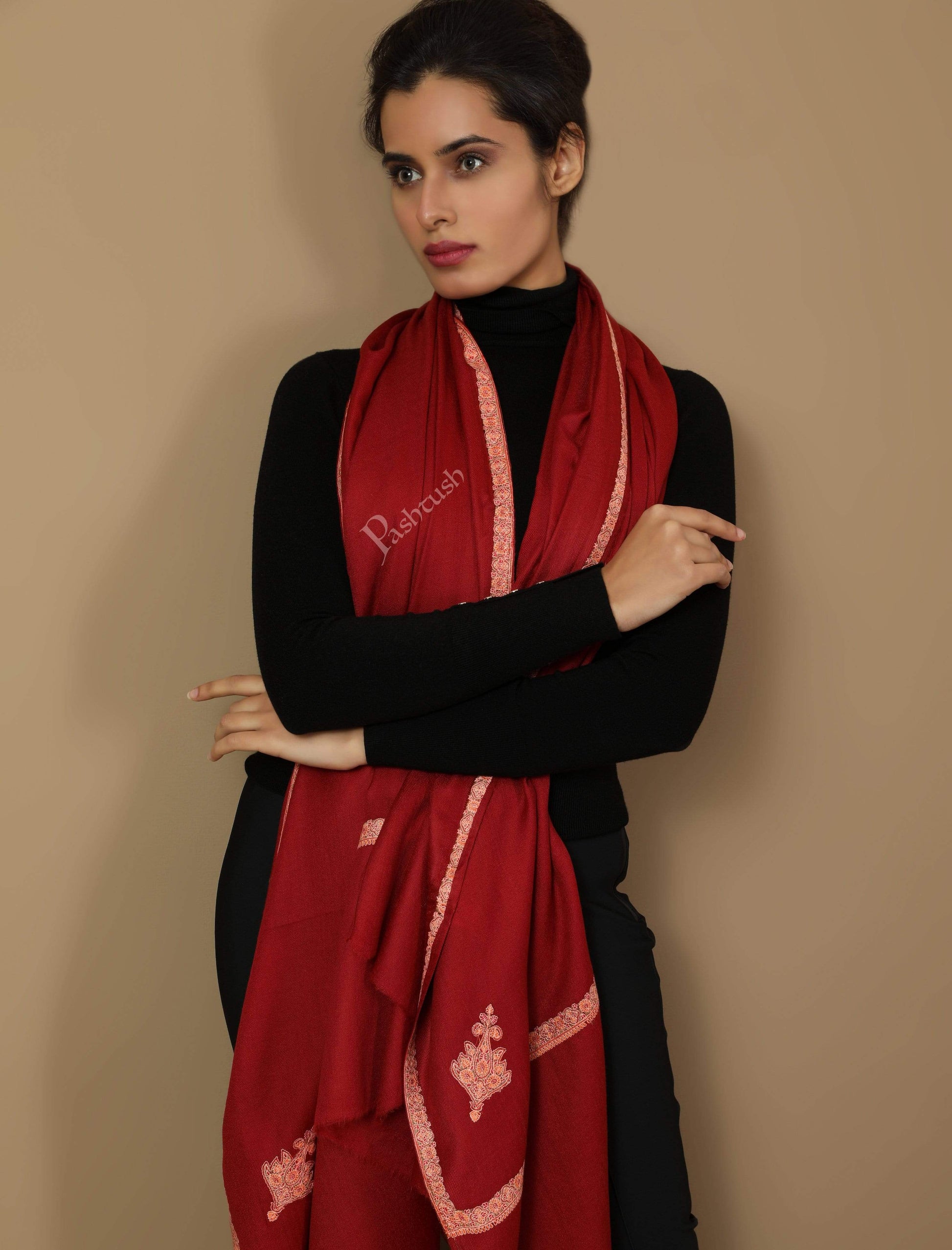 Pashtush India Shawl Pashtush Women's Kingri Border Embroidery Shawl, Fine Wool, Maroon
