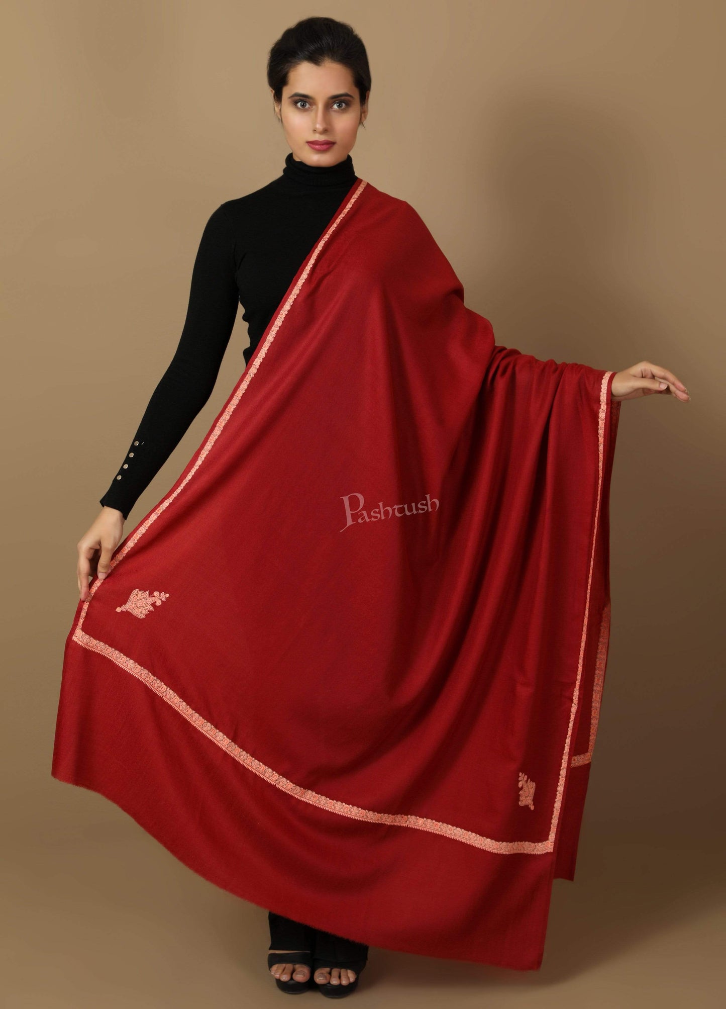 Pashtush India Shawl Pashtush Women's Kingri Border Embroidery Shawl, Fine Wool, Maroon