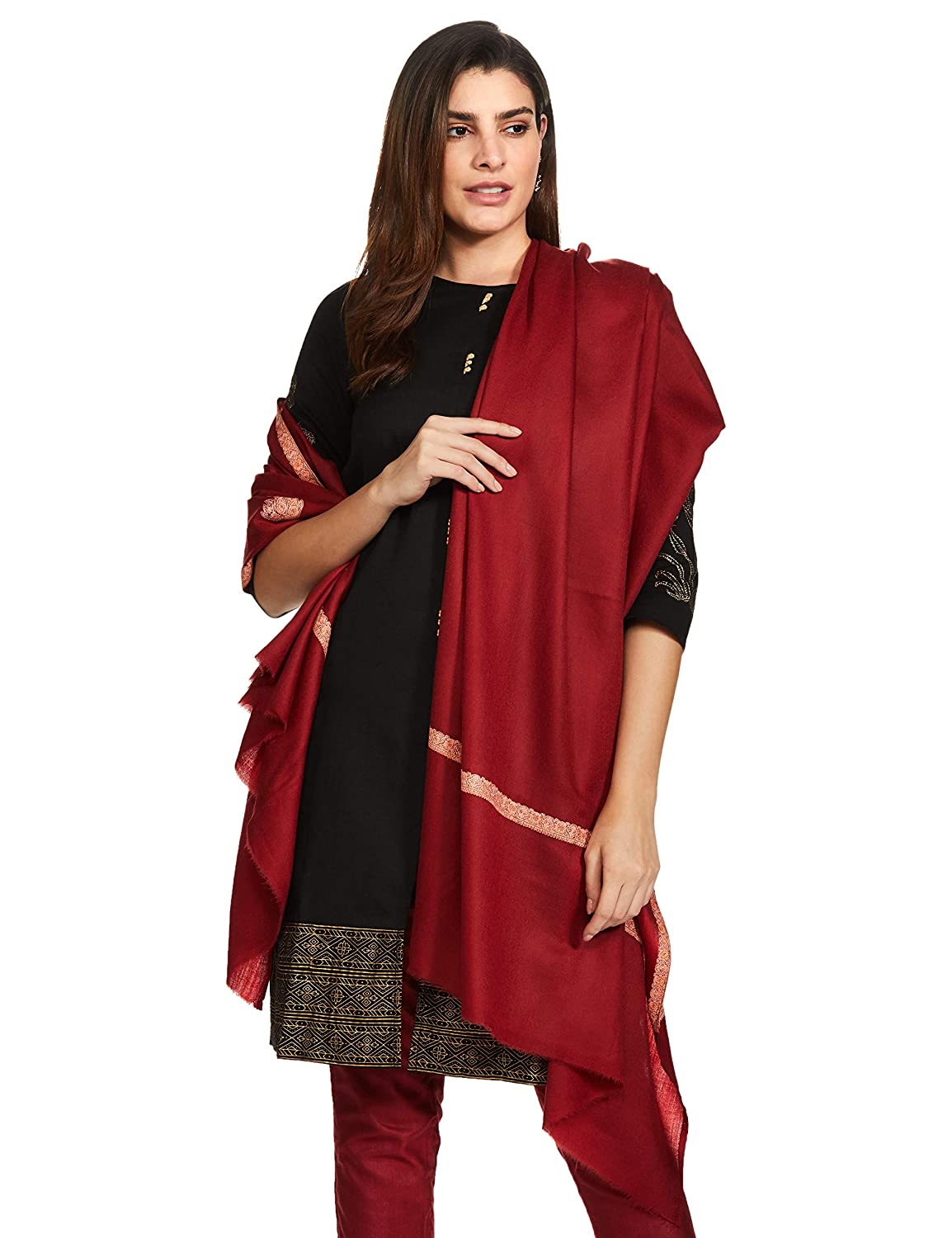Pashtush India 100x200 Pashtush Women's Kingri Border Embroidery Shawl, Fine Wool, Maroon