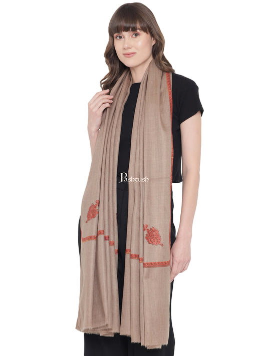 Pashtush India Womens Shawls Pashtush Women's Kingri Border Embroidery Shawl, Fine Wool, Taupe