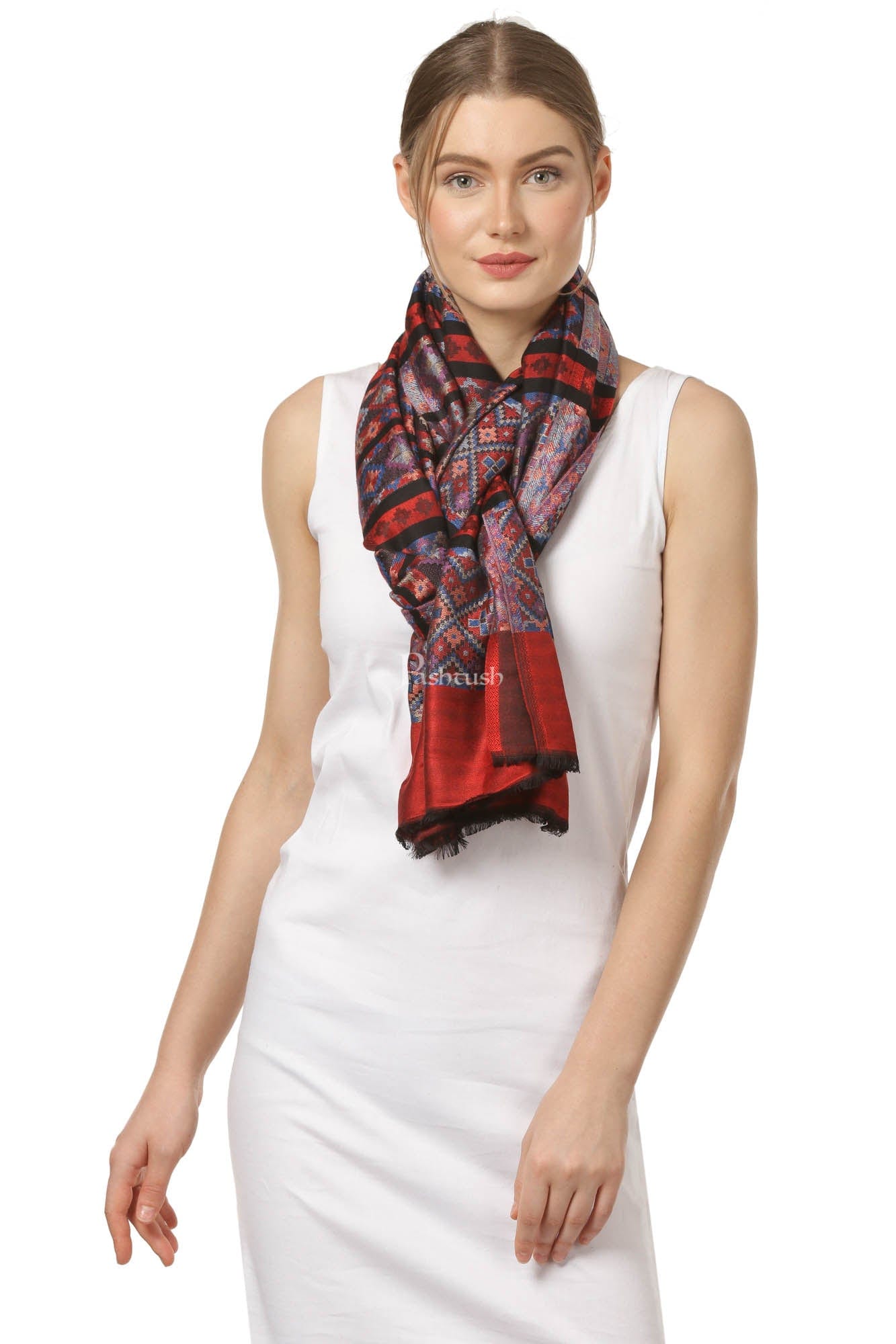 Pashtush India Womens Stoles and Scarves Scarf Pashtush Women'S Multicoloured Bamboo Scarf, Aztec Collection, Red