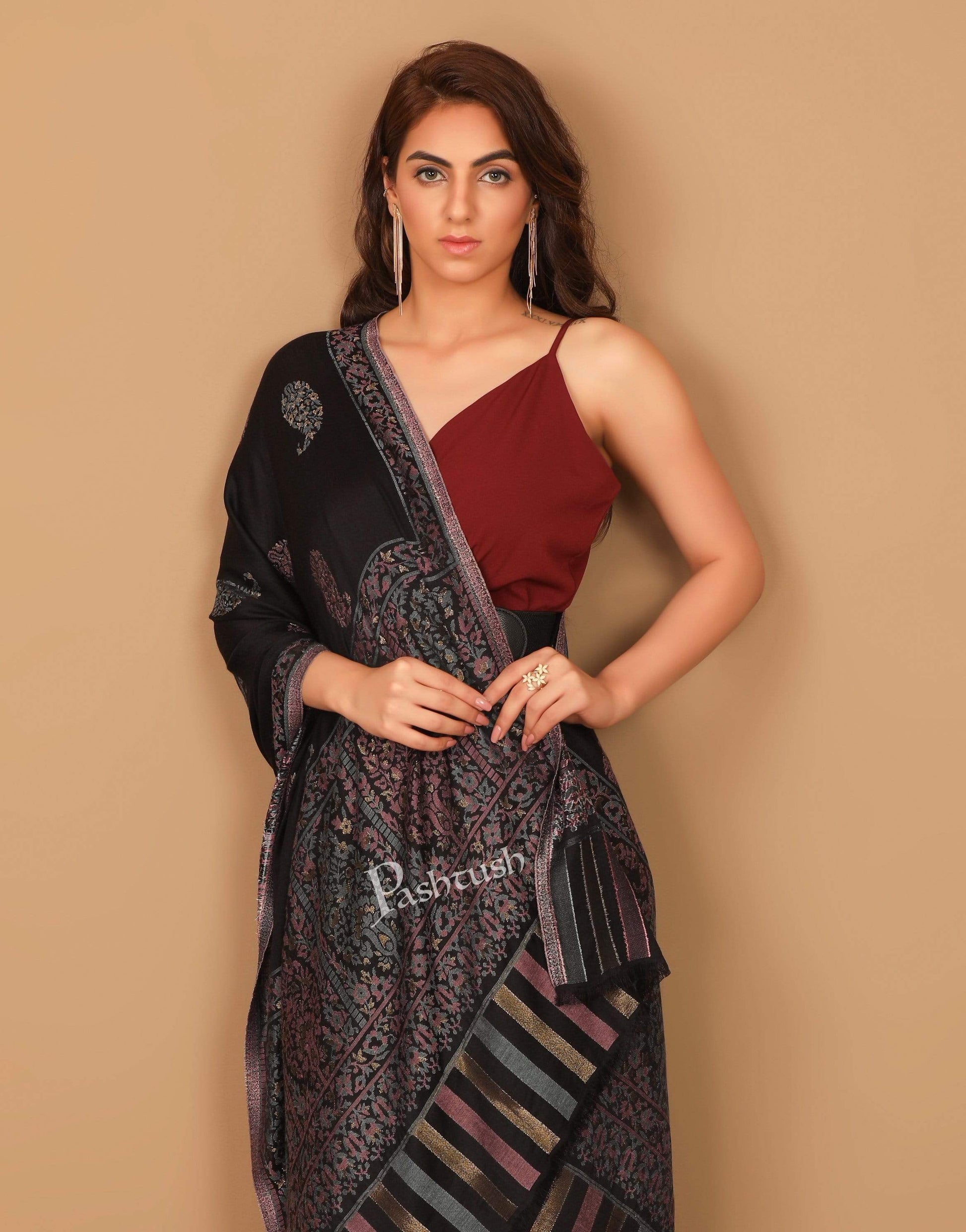 Pashtush India 70x200 Pashtush Women's Paisley Design, Soft Bamboo Scarf, Golden Zari Thread Weave