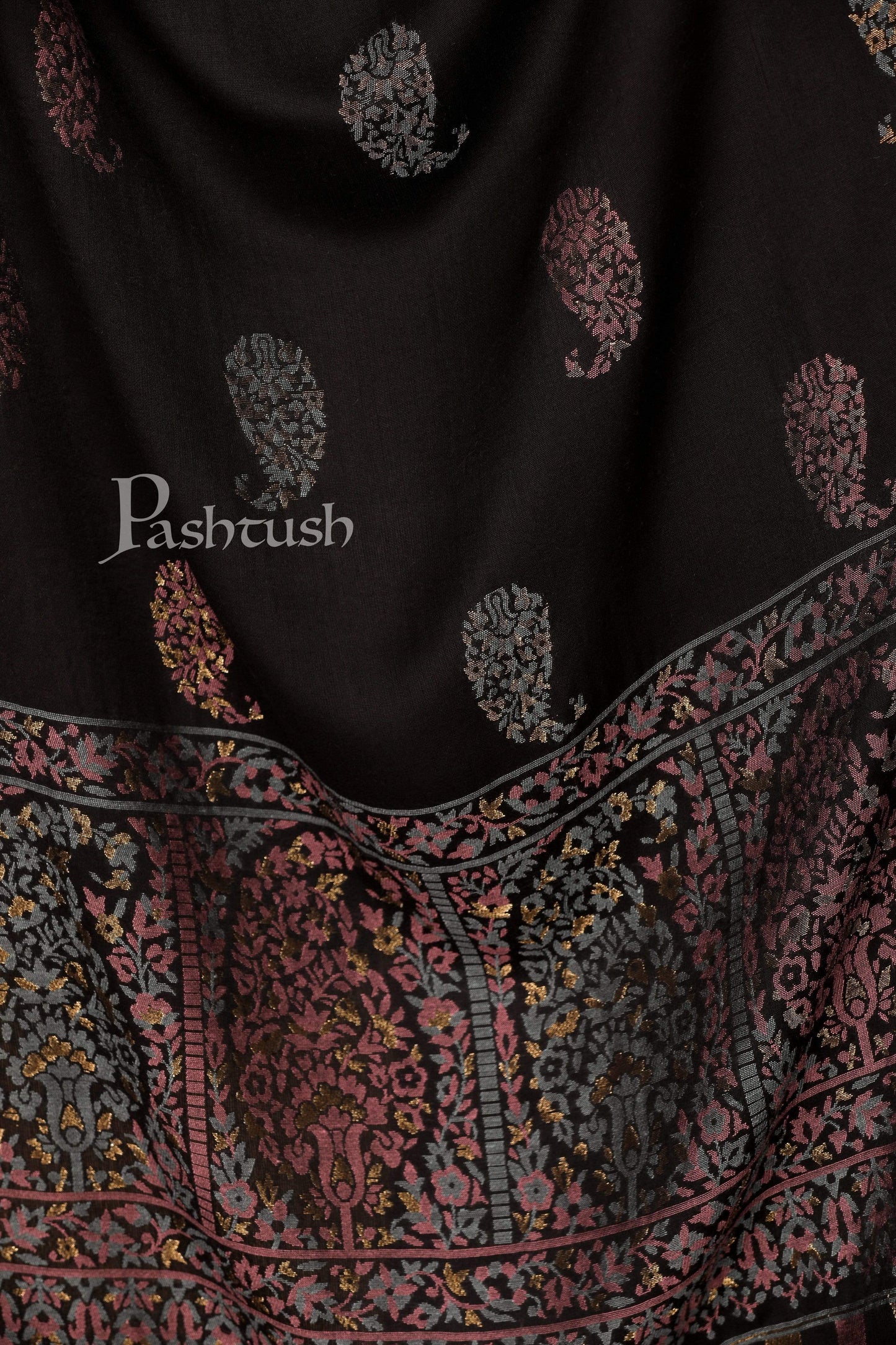 Pashtush India 70x200 Pashtush Women's Paisley Design, Soft Bamboo Scarf, Golden Zari Thread Weave