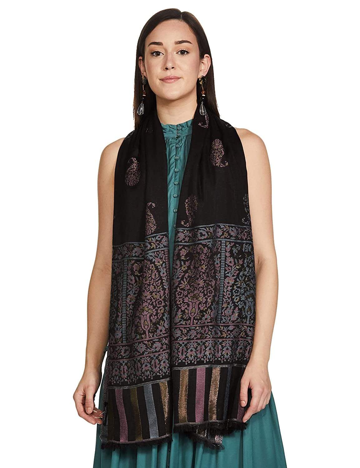 Pashtush India 70x200 Pashtush Women's Paisley Design, Soft Bamboo Scarf, Golden Zari Thread Weave