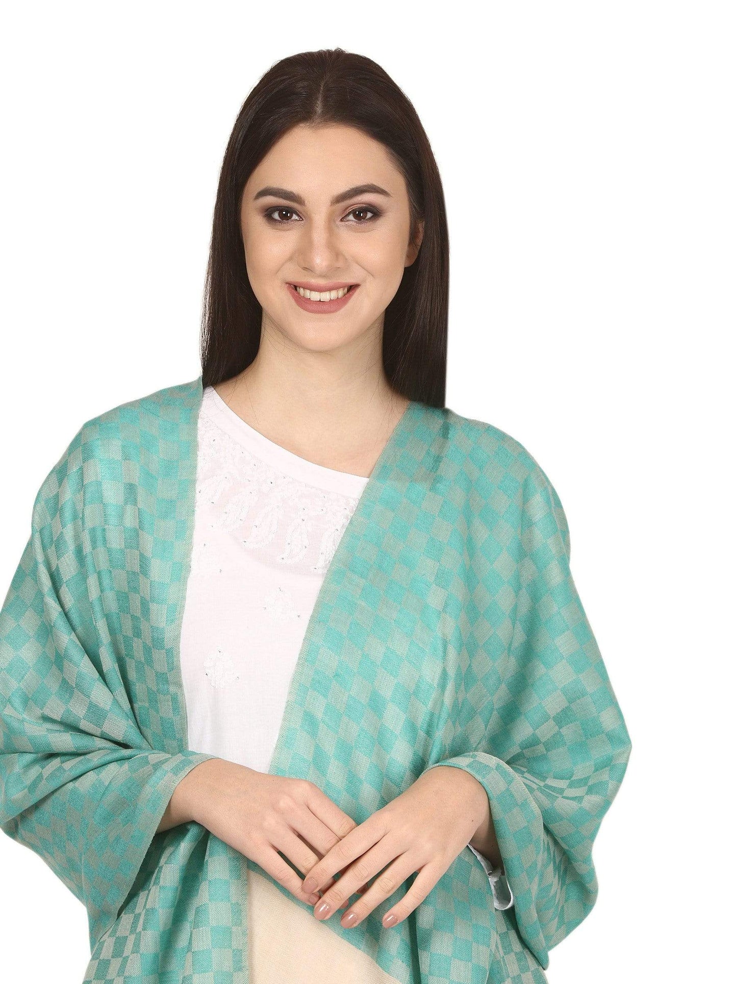 Pashtush Women’s Extra Fine Soft Wool Checkered Stole Sea Green